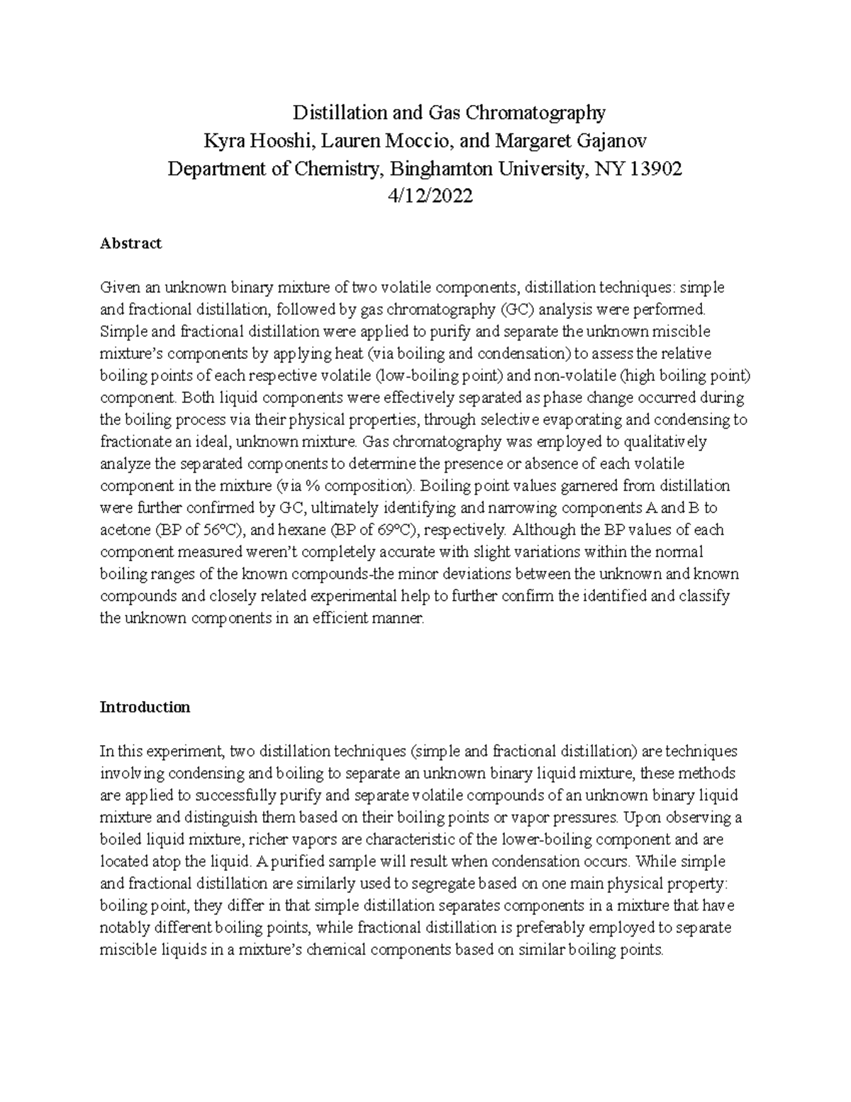Distillation and gc lab reportkyra Distillation and Gas