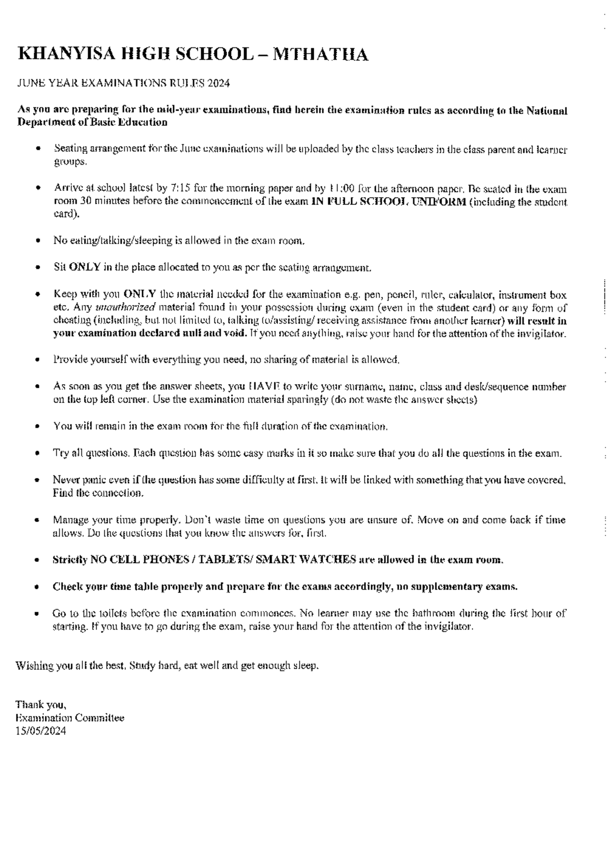 June Examination Rules - KHANYISA HIGH SCHOOL MTHATHA JUNE YEAR ...