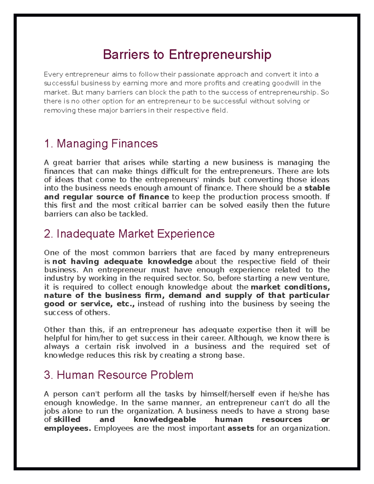 Barriers to Entrepreneurship, Barriers to Entrepreneurship, Managing