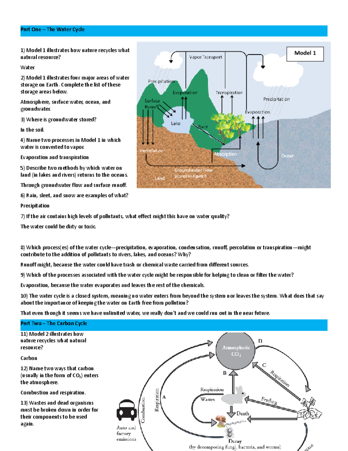 Ecology Homework 5 Part One The Water Cycle Model 1 Illustrates How Nature Recycles What 