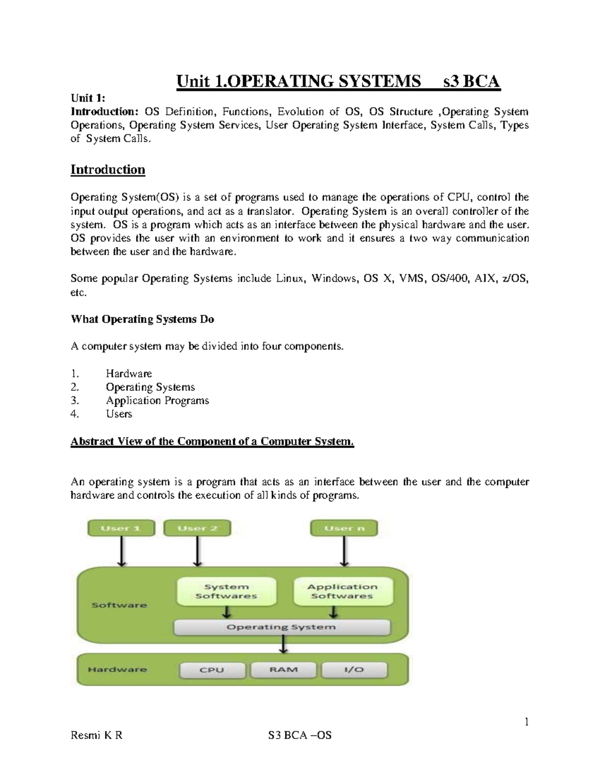 Operating System , 1 Module BCA - 1 Unit 1 SYSTEMS S3 BCA Unit 1 ...