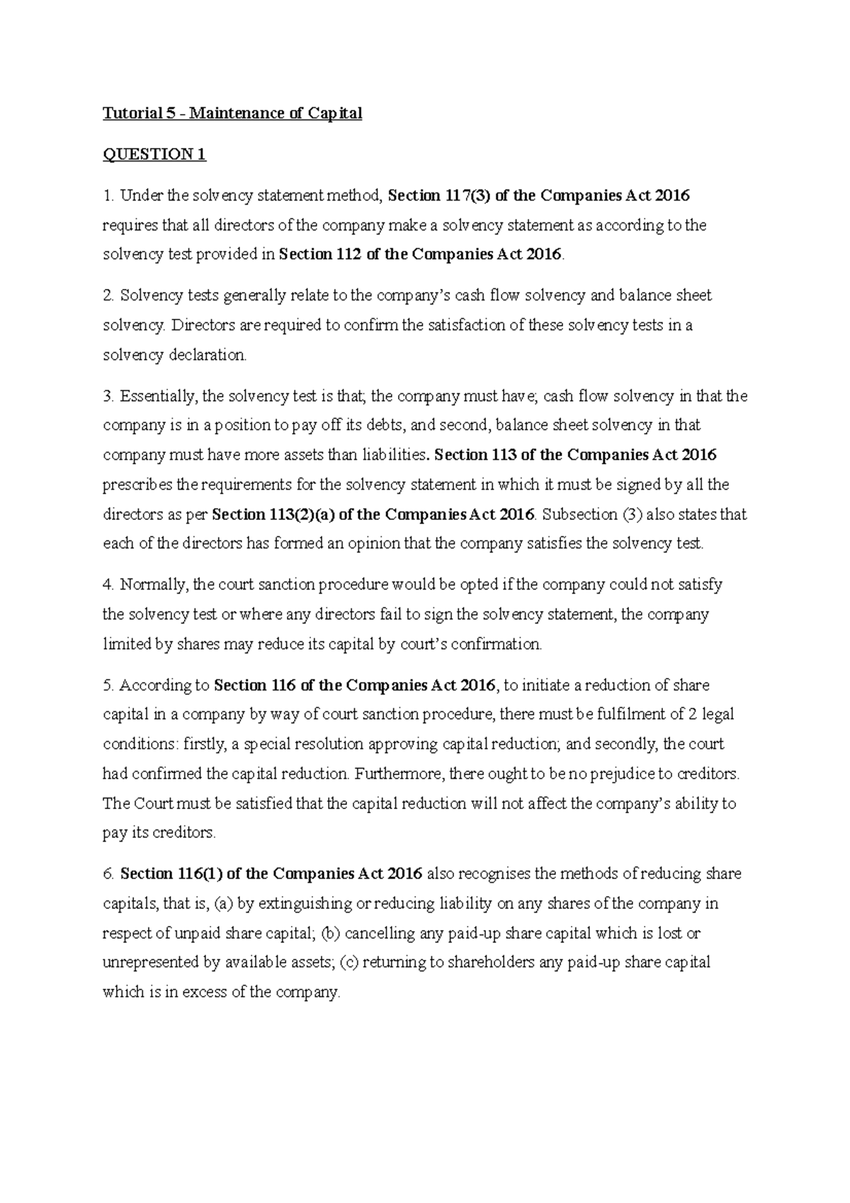 Tutorial 5 Company Tutorial 5 Maintenance of Capital QUESTION 1