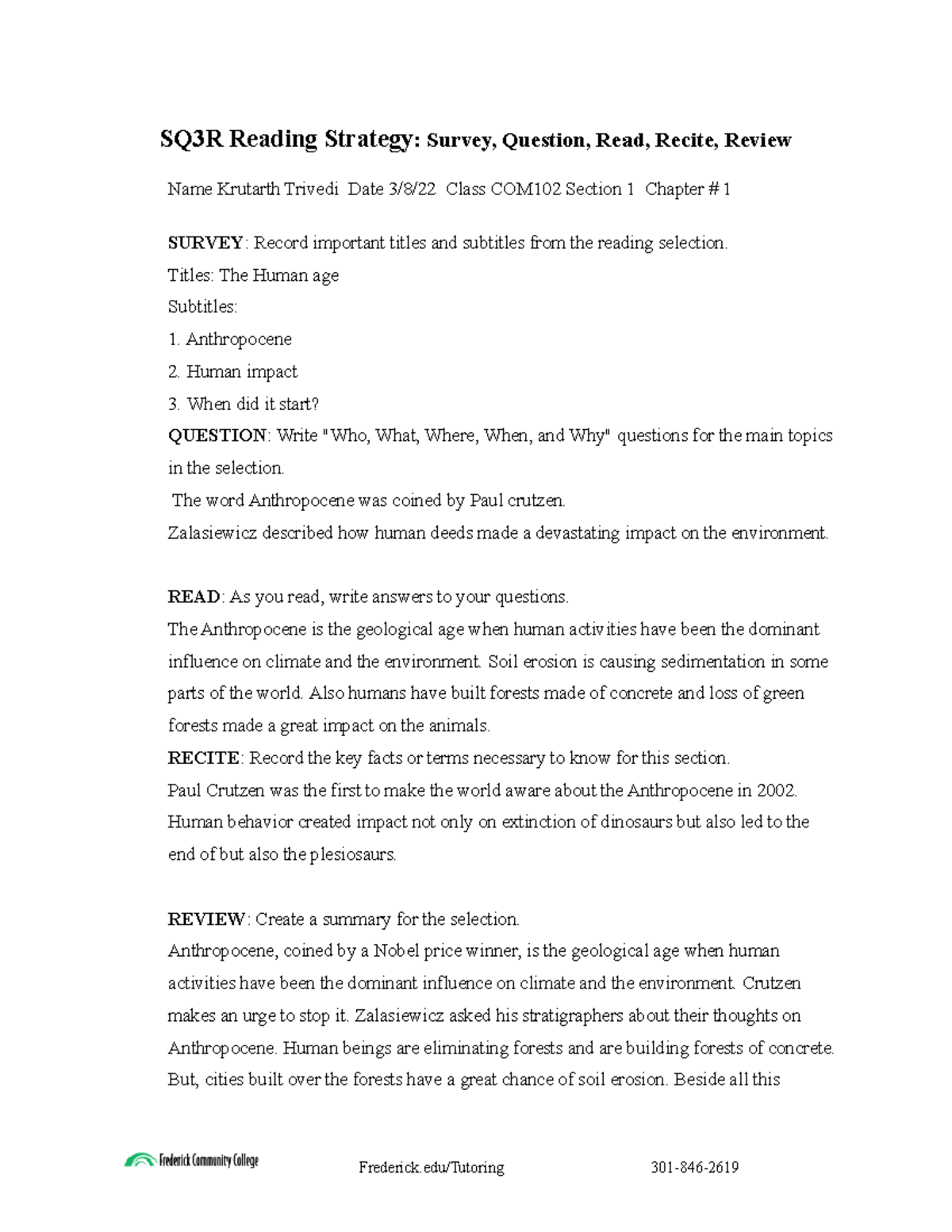 SQ3R Worksheet - Nothing - SQ3R Reading Strategy: Survey, Question ...