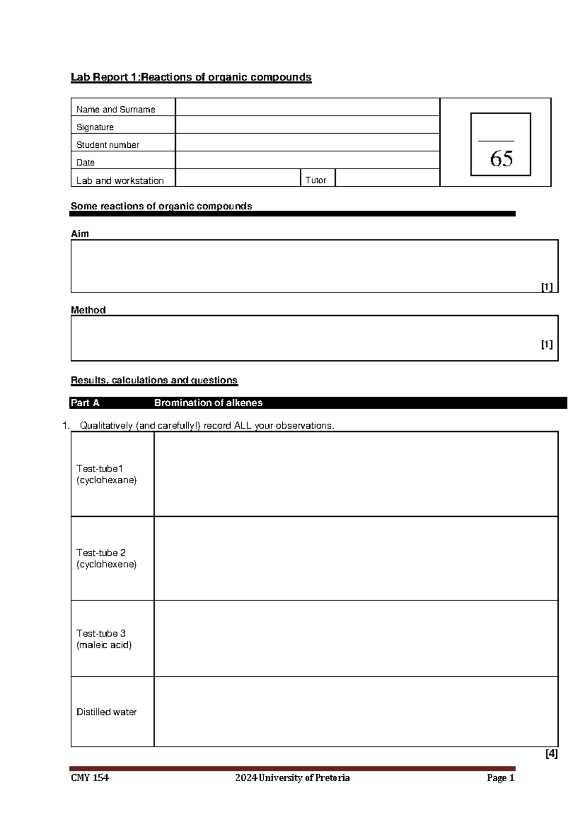 Experiment 1 Organic reactions I LAB Report - Lab Report 1:Reactions of ...