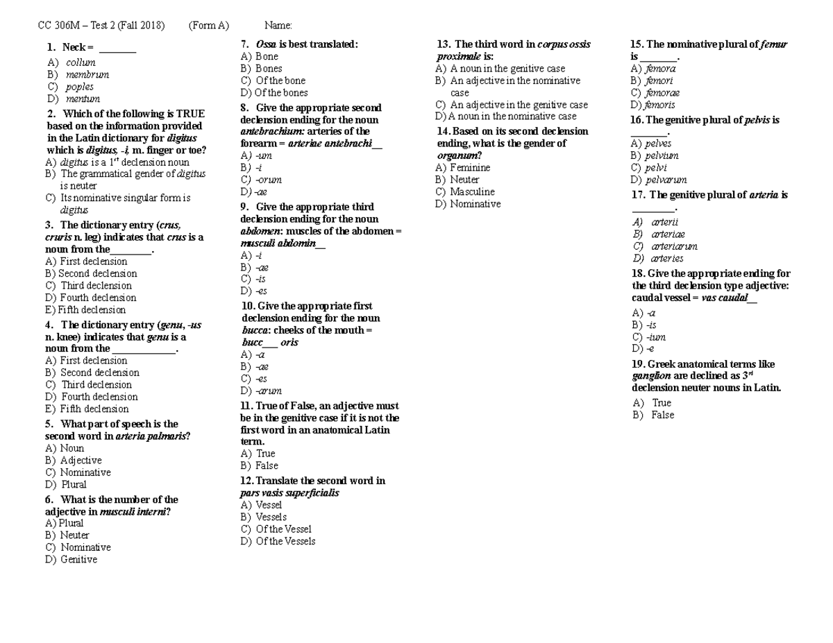 Test 2 - Practice Exam - CC 306M – Test 2 (Fall 2018) (Form A) Name: 1 ...