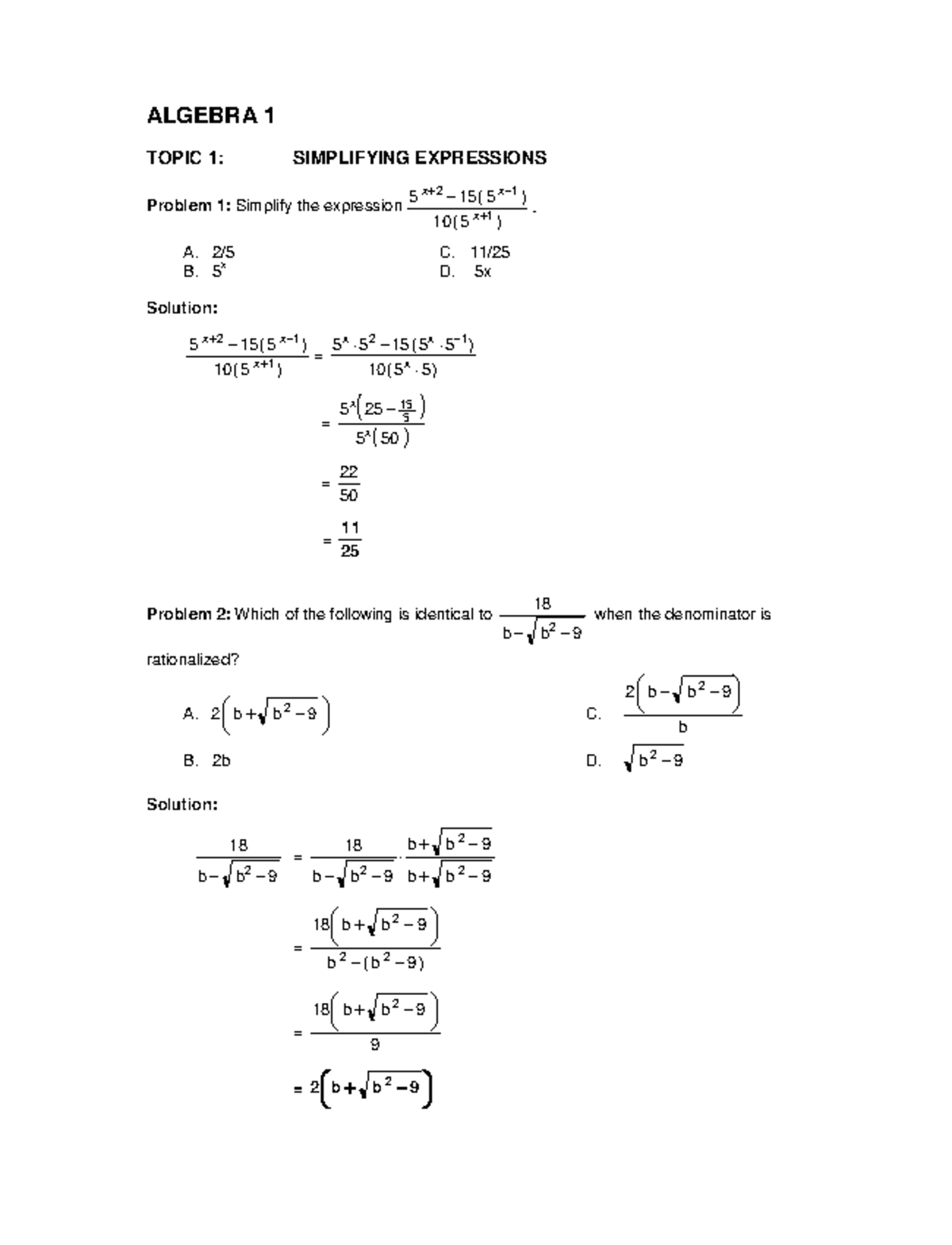 Algebra 1 - ALGEBRA 1 TOPIC 1: SIMPLIFYING EXPRESSIONS Problem 1 ...