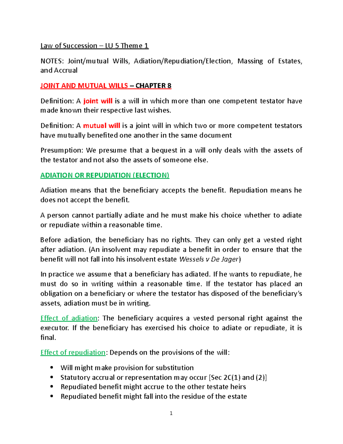 Notes Joint Mutual Wills etc Law of Succession LU 5 Theme 1 NOTES