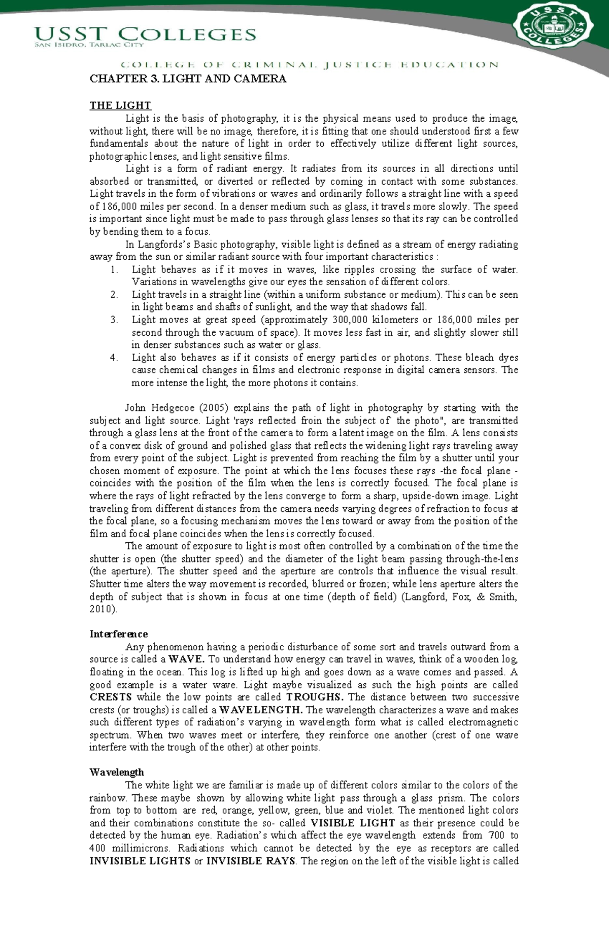 Chapter 3 - CHAPTER 3. LIGHT AND CAMERA THE LIGHT Light is the basis of ...