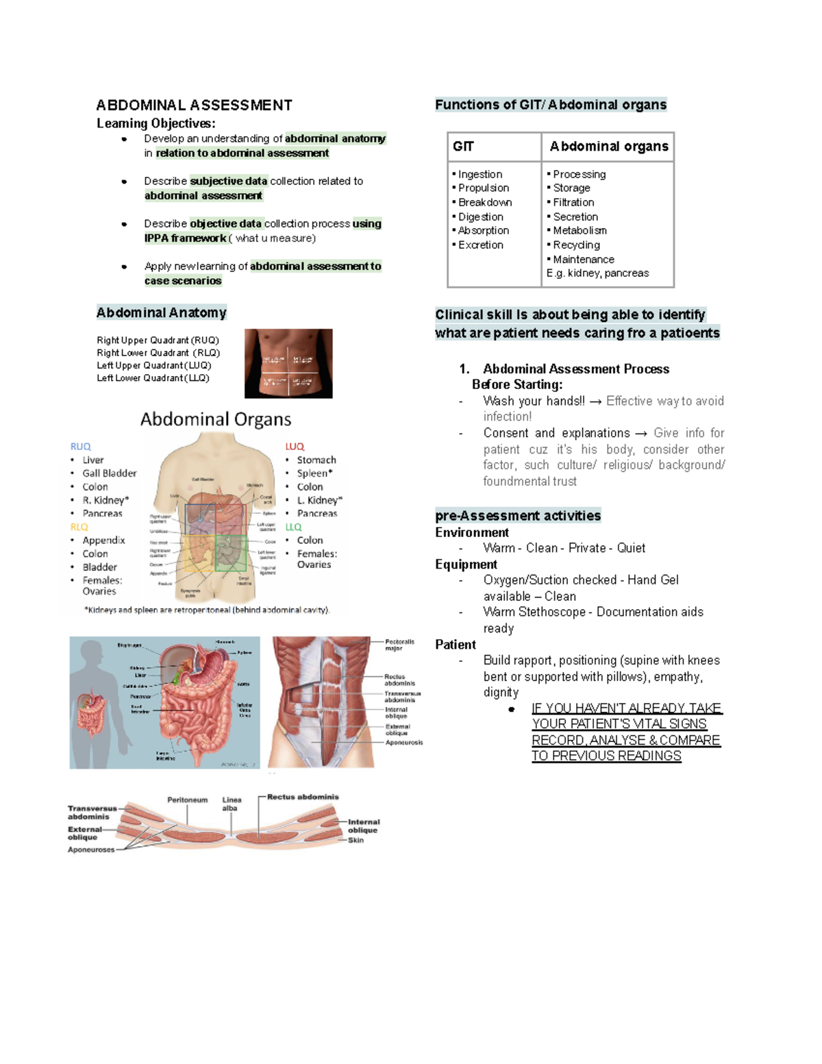 Week 5 Abdominal Assessment - ABDOMINAL ASSESSMENT Learning Objectives ...
