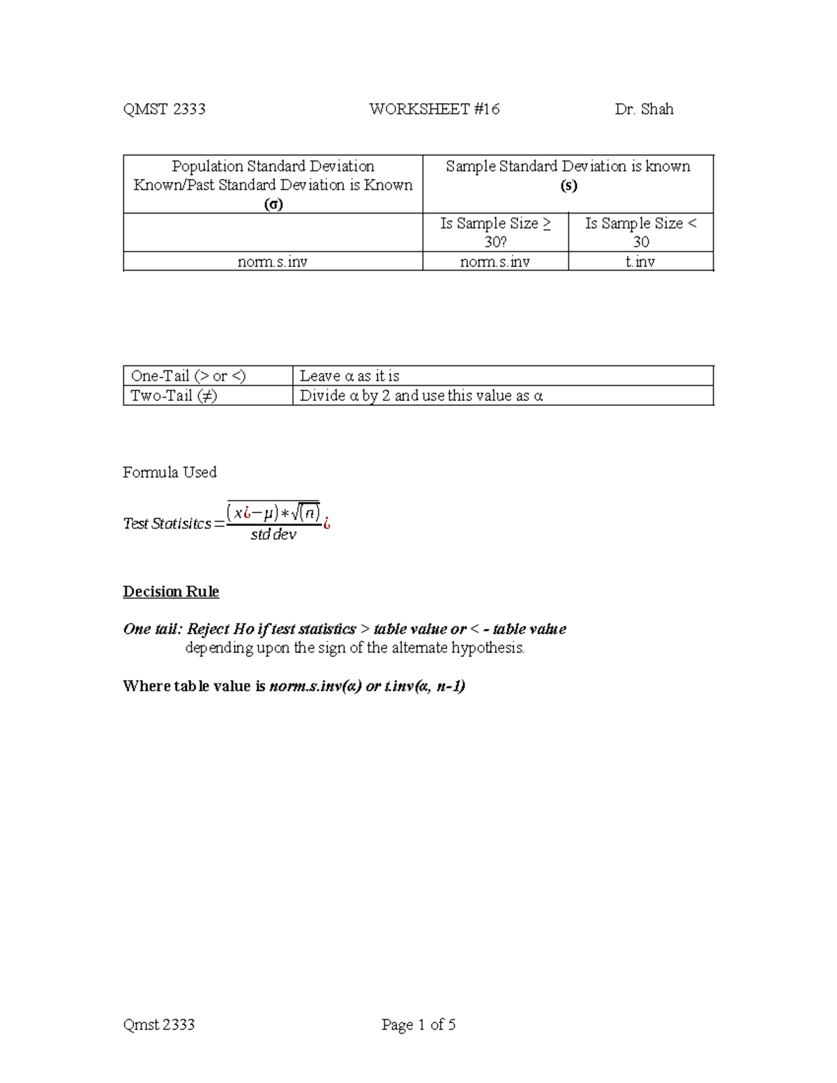 Worksheet 16 - Worsheet 16 - QMST 2333 WORKSHEET #16 Dr. Shah ...