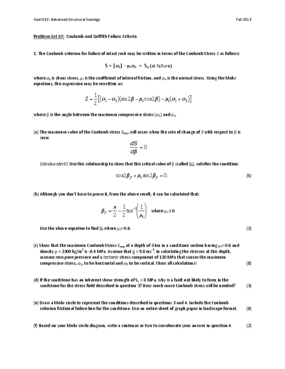 Problem Set 7: Coulomb and Griffith Failure Criteria - Geol 542 ...