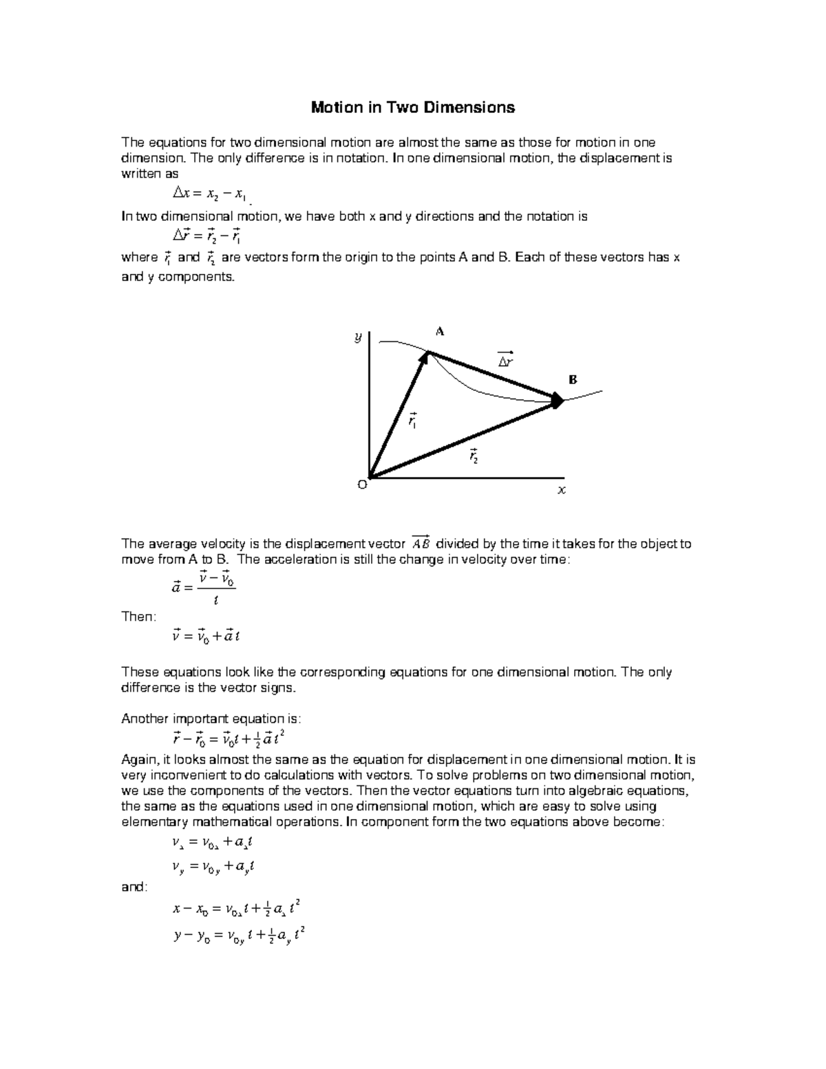 Lesson 2studysheet11 Motion in Two Dimensions The equations for two