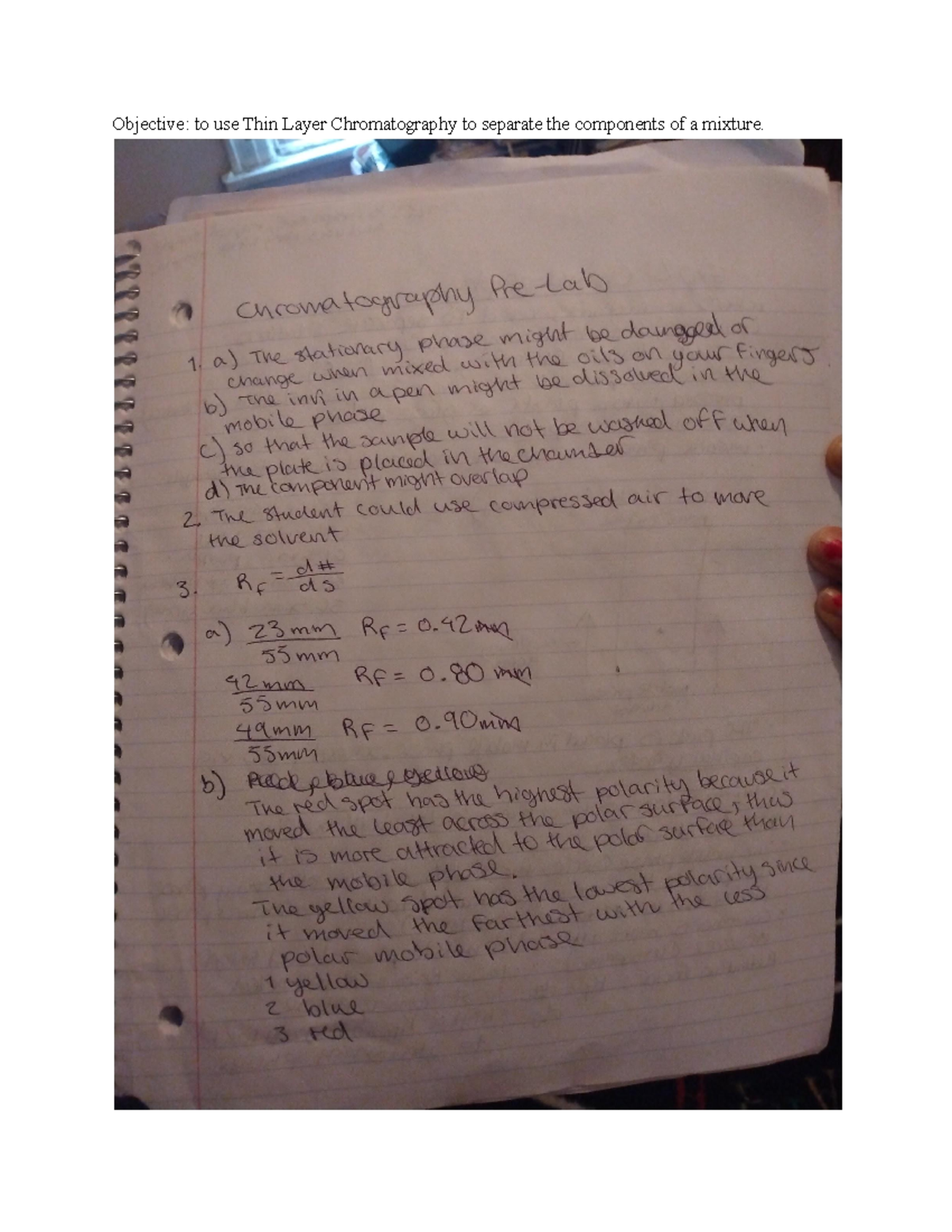 Chromatography Lab Report Objective to use Thin Layer Chromatography