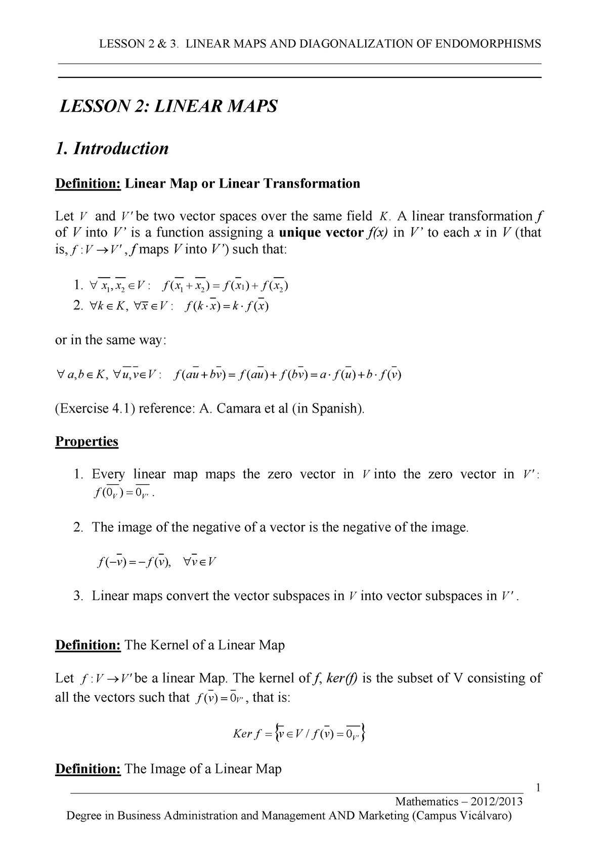 Lesson 2 AND 3 Linear Maps AND Diagonalization - Mathematics – 2012/ 1 ...