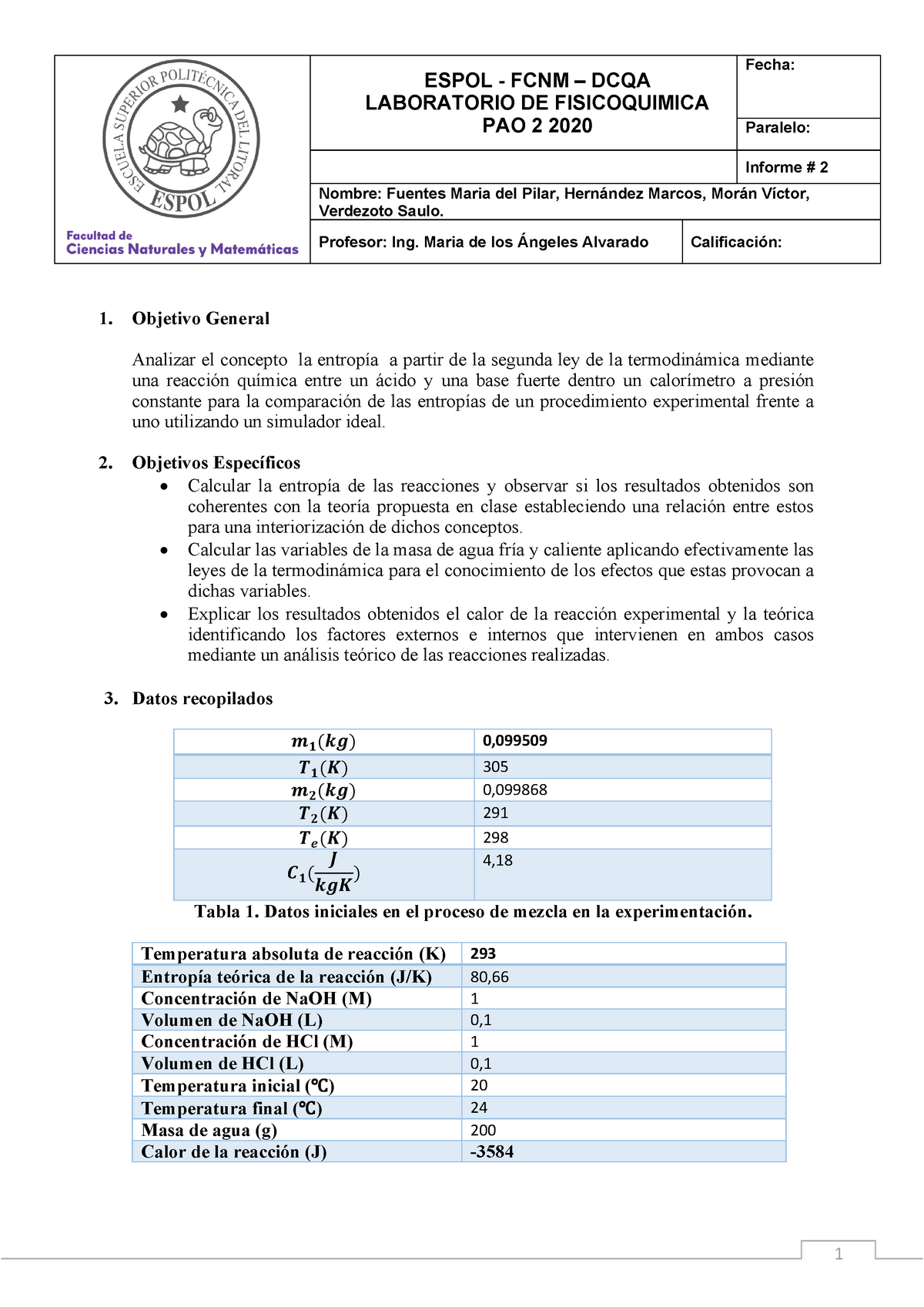 Informe 2 - ESPOL - FCNM – DCQA LABORATORIO DE FISICOQUIMICA PAO 2 2020 ...