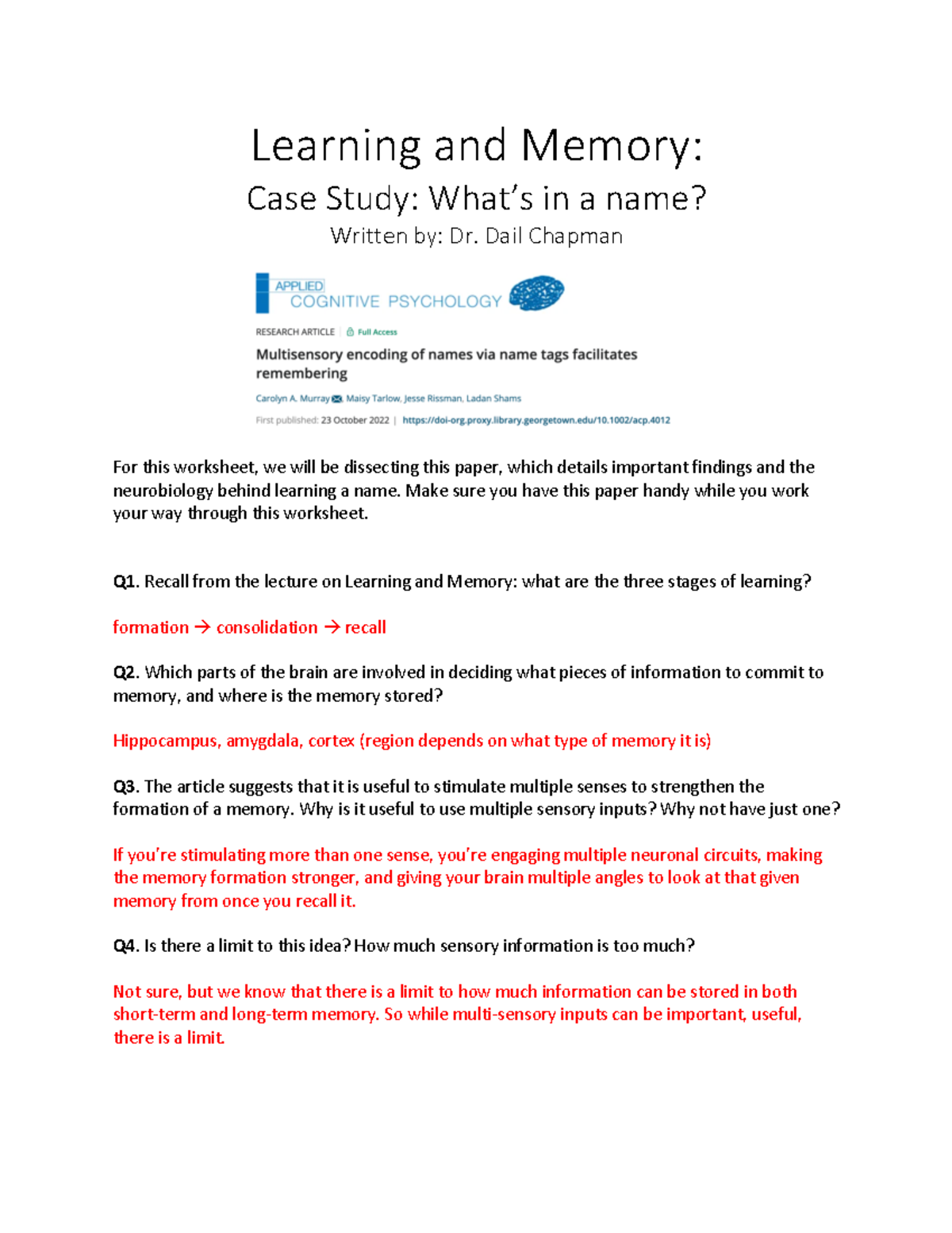 12 Learning and Memory Names Case Study ANS Learning and Memory Case