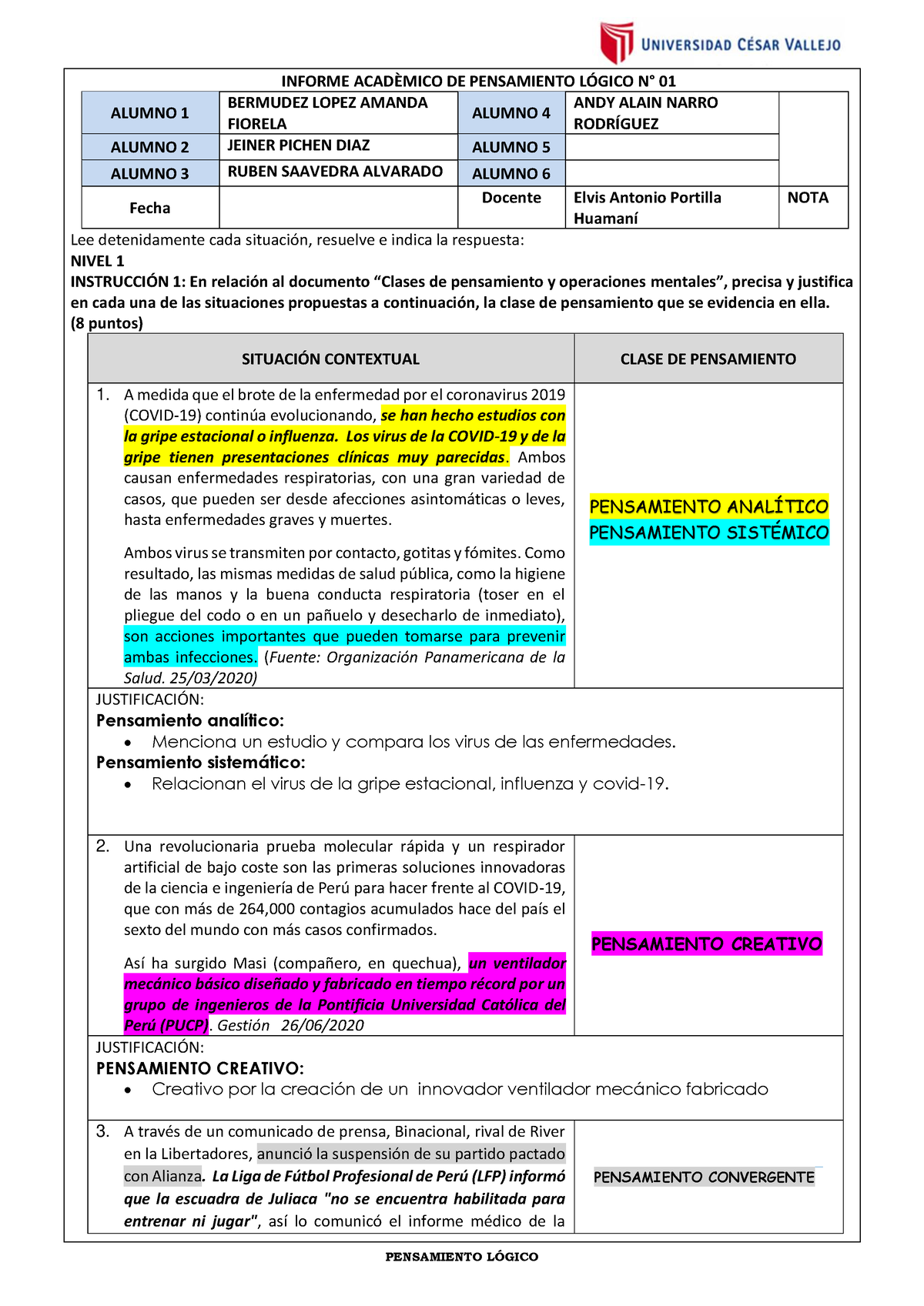 Informe N° 01 - Pensamiento Logico - INFORME ACADÈMICO DE PENSAMIENTO ...