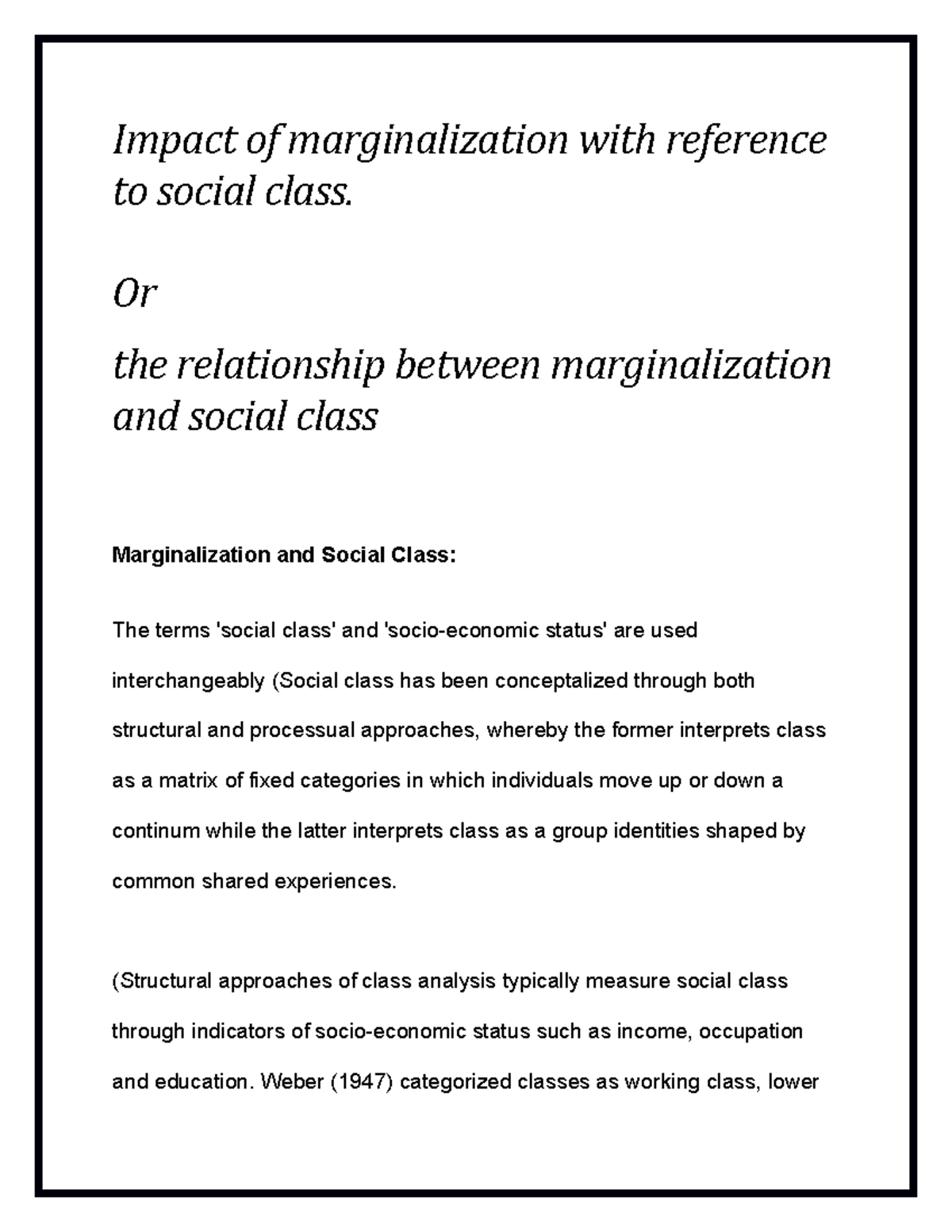 Impact Of Marginalization With Reference To Social Class - Or The ...