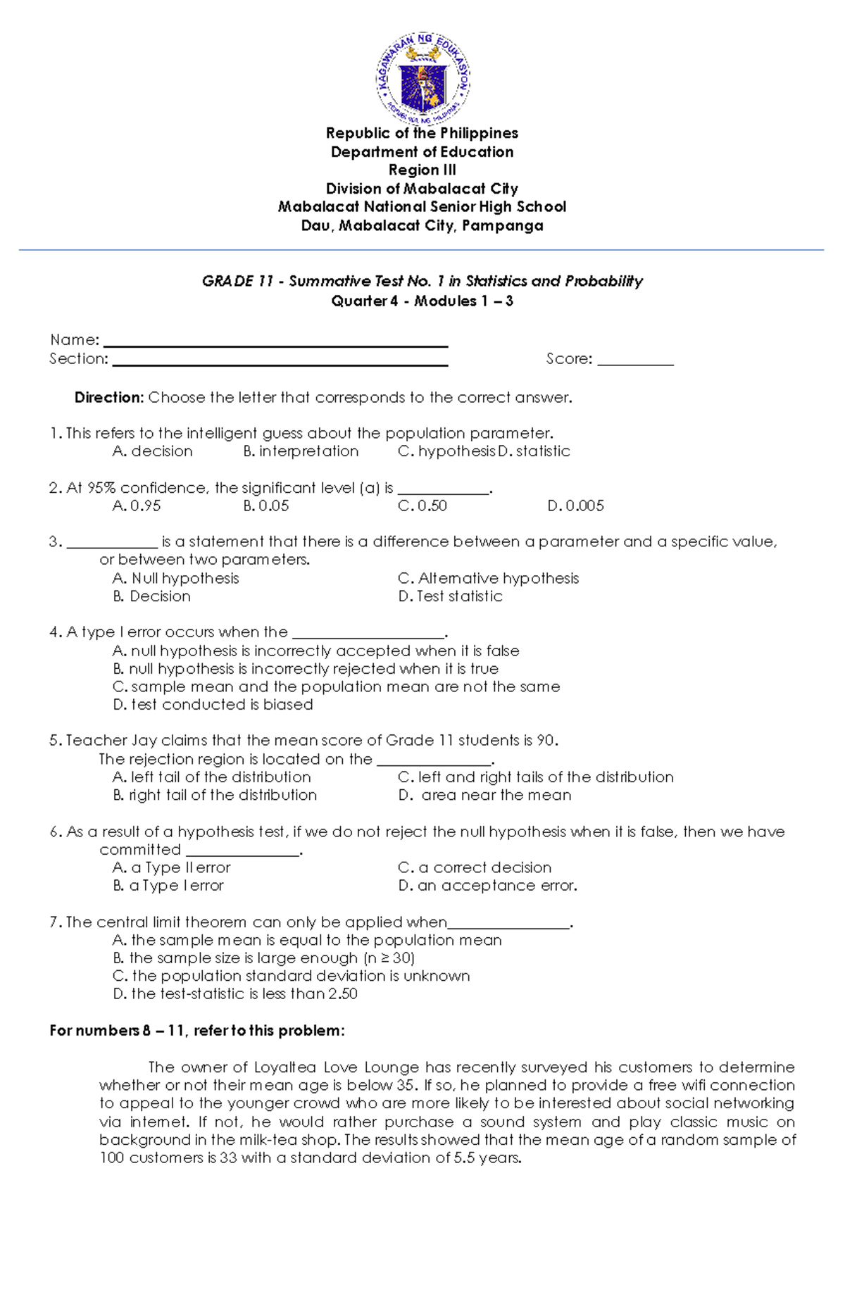 Stat Prob 4q Summative 1 4 Republic Of The Philippines Department Of Education Region Iii