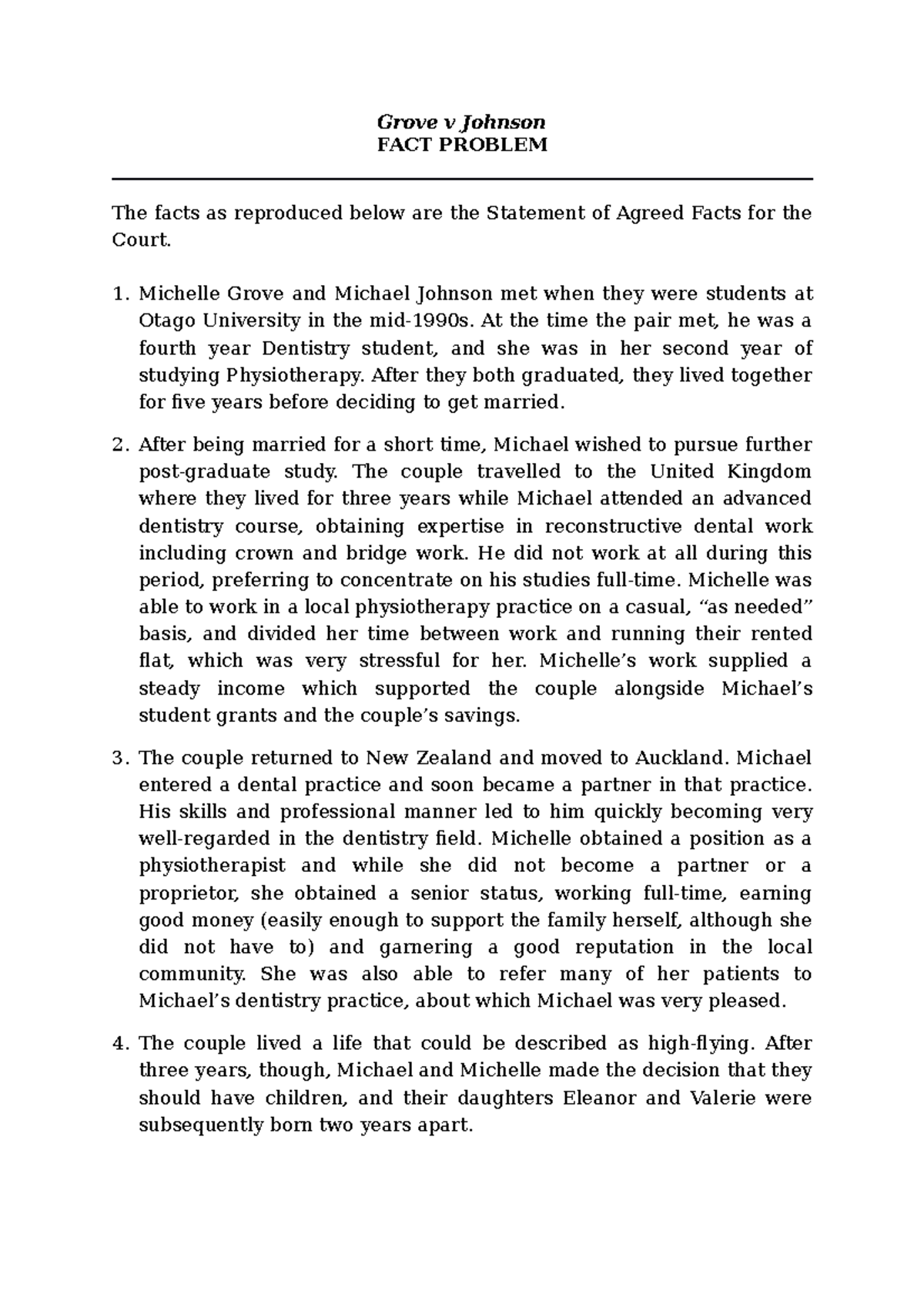 Fact Problem Grove Johnson Grove v Johnson FACT PROBLEM The facts