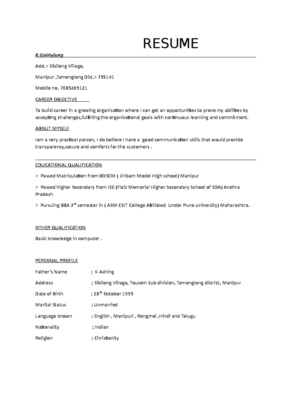 Resume - assignments ty - RESUME K Add.> Sibilong Village, Manipur ...