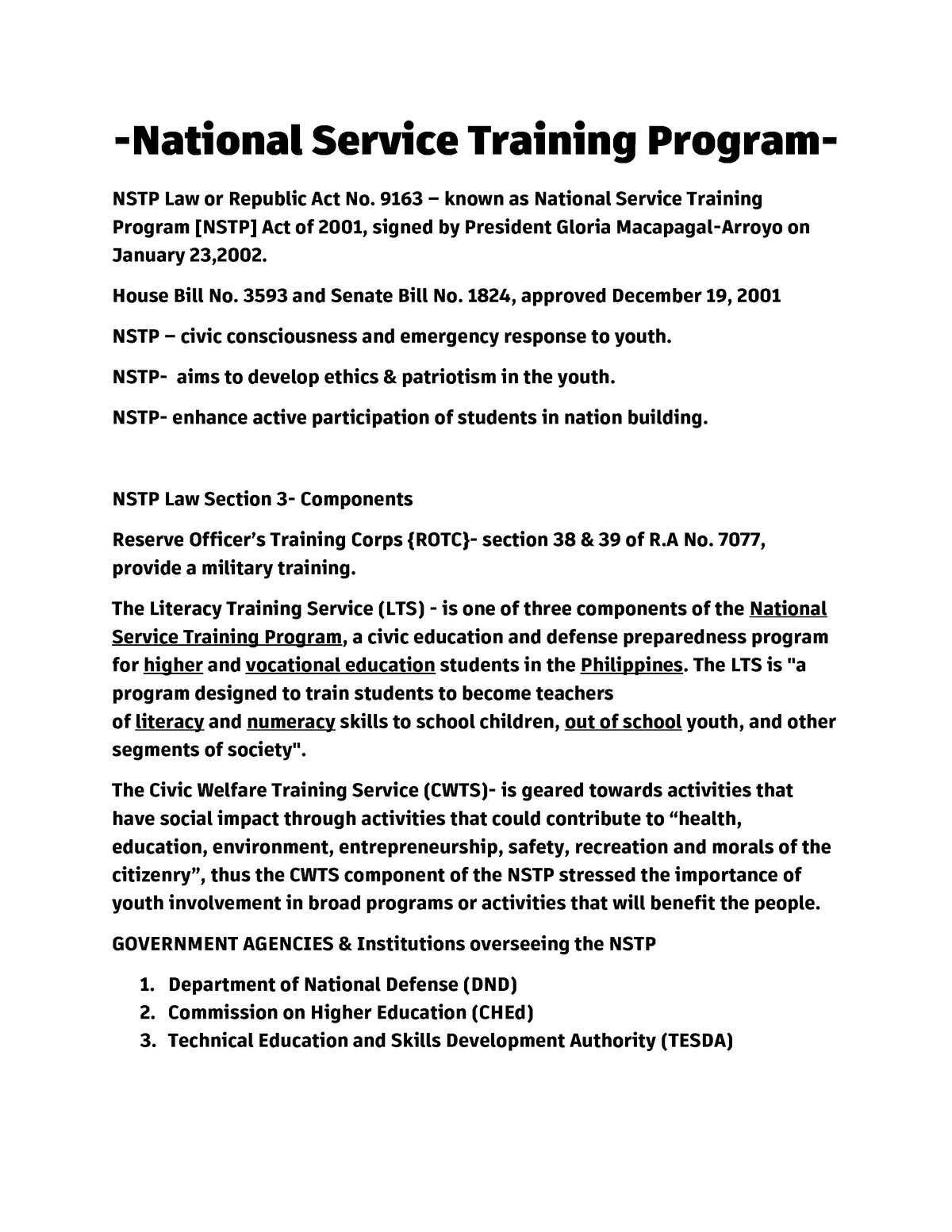 NSTP- Reviewer- Prelims - National Service Training Program- NSTP Law ...