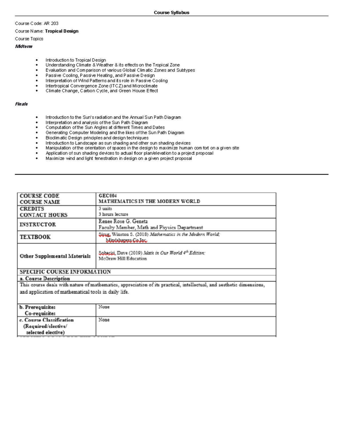 Course Syllabus- Sibug - Course Syllabus Course Code: Ar 203 Course 