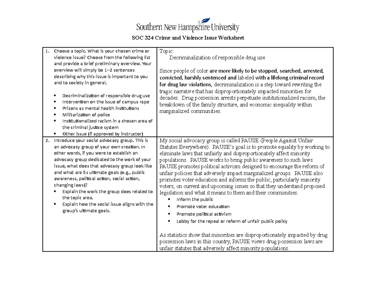 SOC 324 crime and violence issue worksheet - SOC 324 Crime and Violence ...