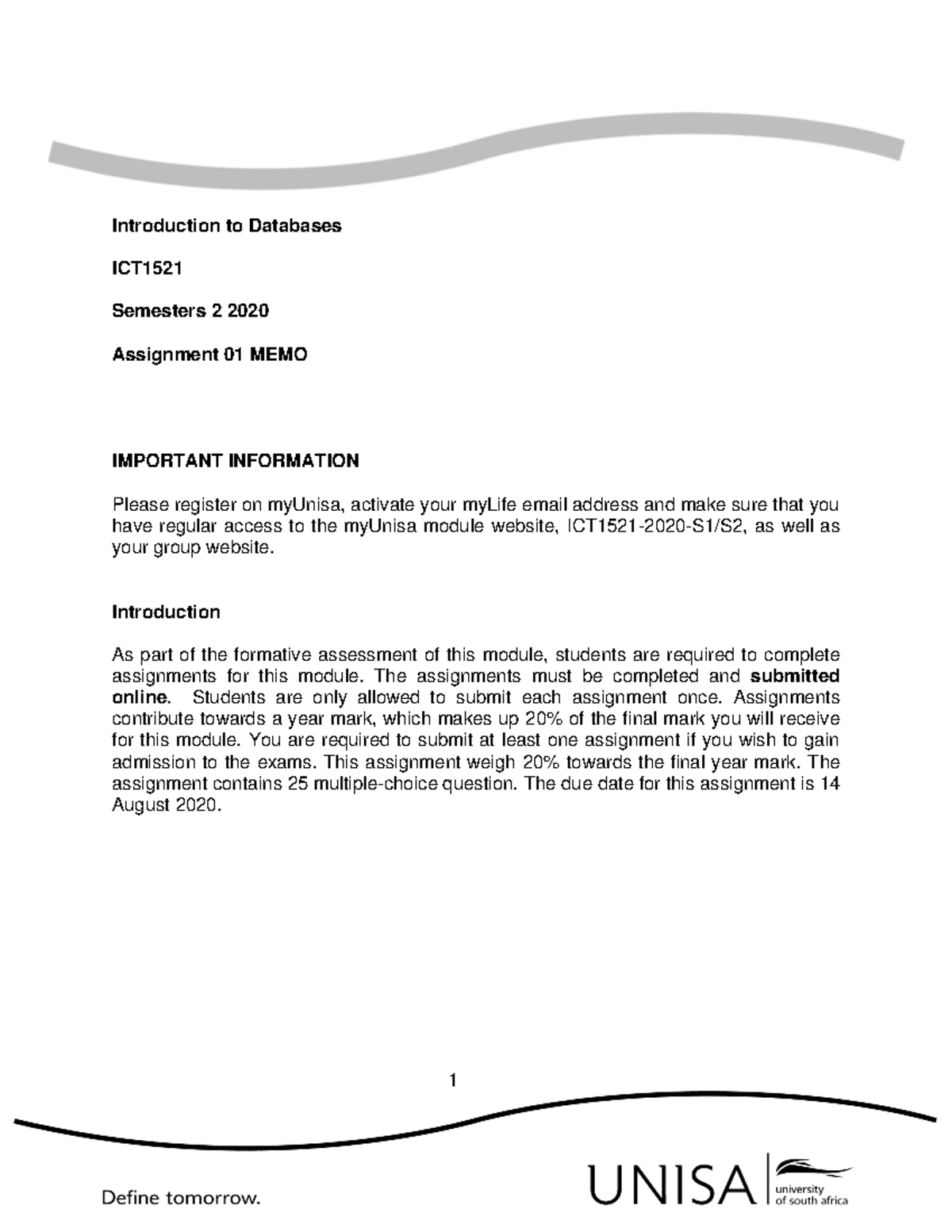 ICT1521 2020Semester 1 Assignment 1 Memo - Introduction to Databases ...