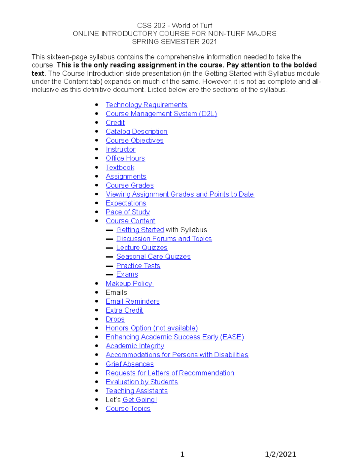 CSS 202 Syllabus S21 CSS 202 World of Turf ONLINE INTRODUCTORY