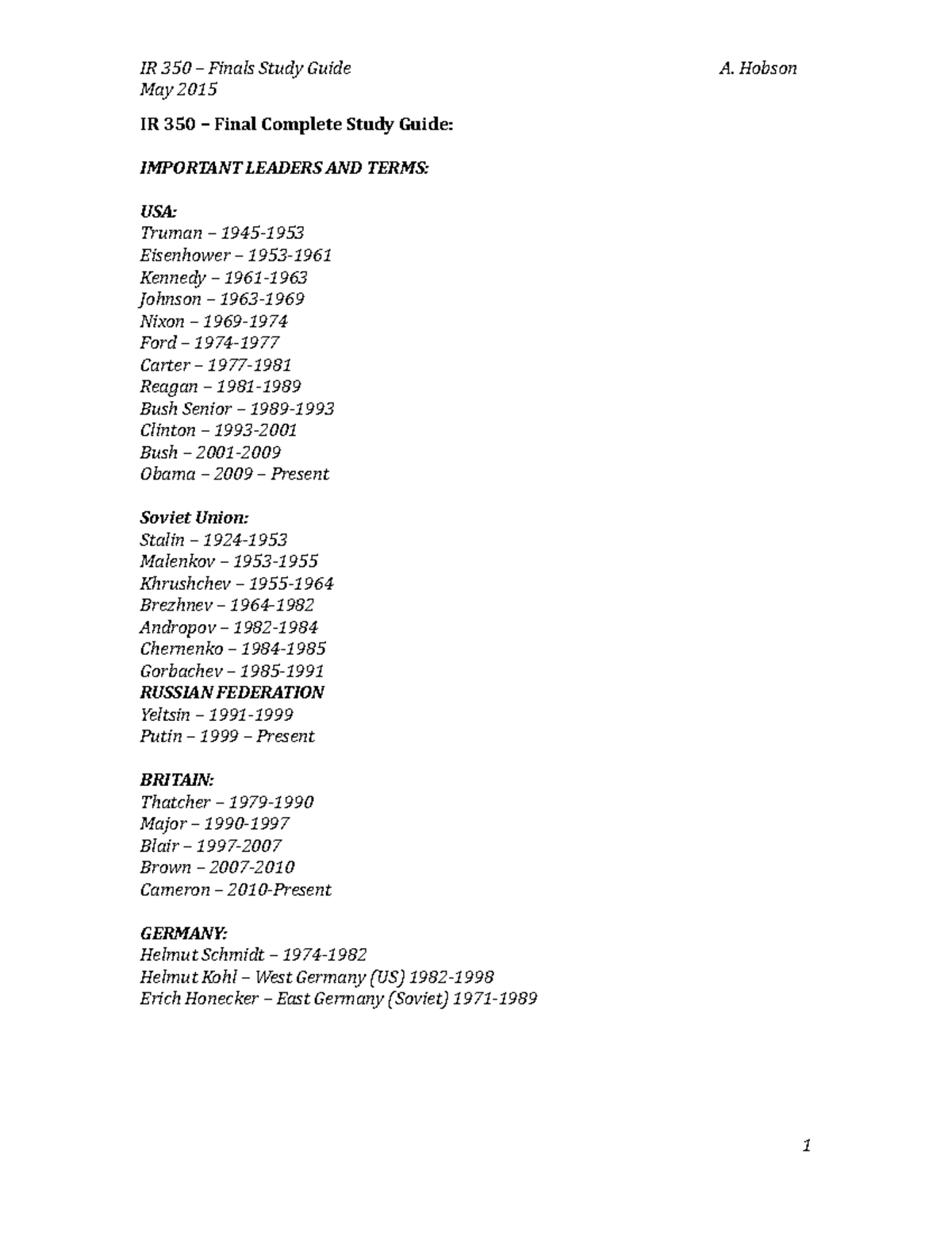 IR 350 – Final Complete Study Guide - May 2015 IR 350 – Final Complete ...