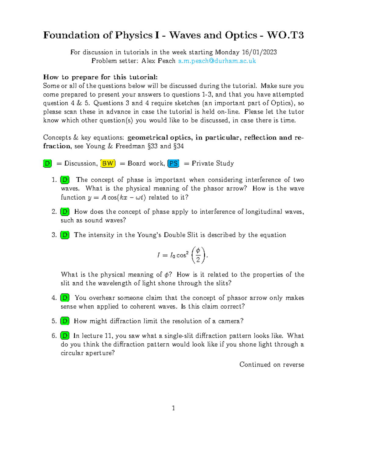 Tutorial 3 WO Foundation of Physics I Waves and Optics WO For
