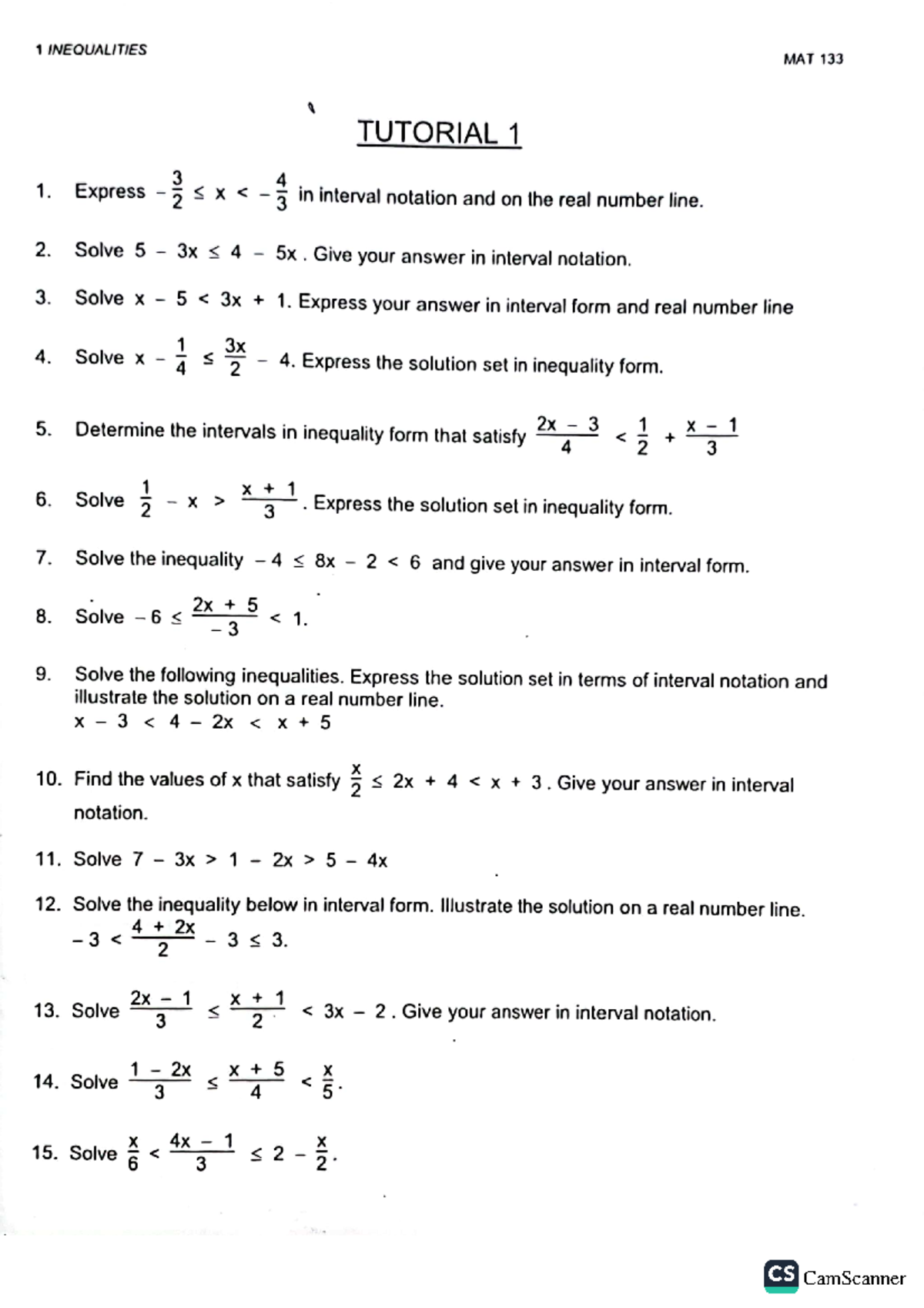 MAT133 Tutorial 1 Inequalities - Pre Calculus - Studocu