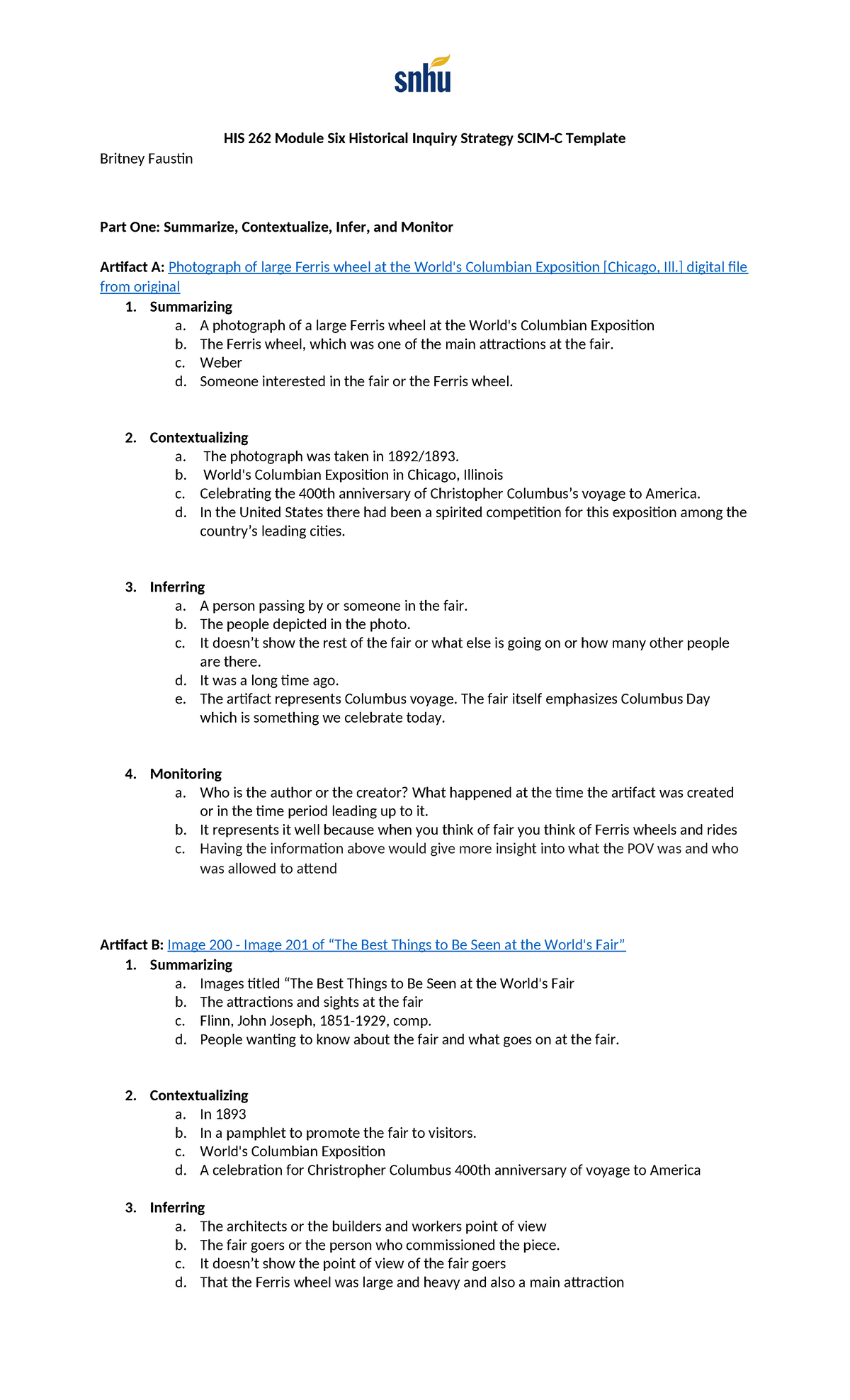 HIS 262 Module Six Historical Inquiry Strategy SCIM-C Template ...