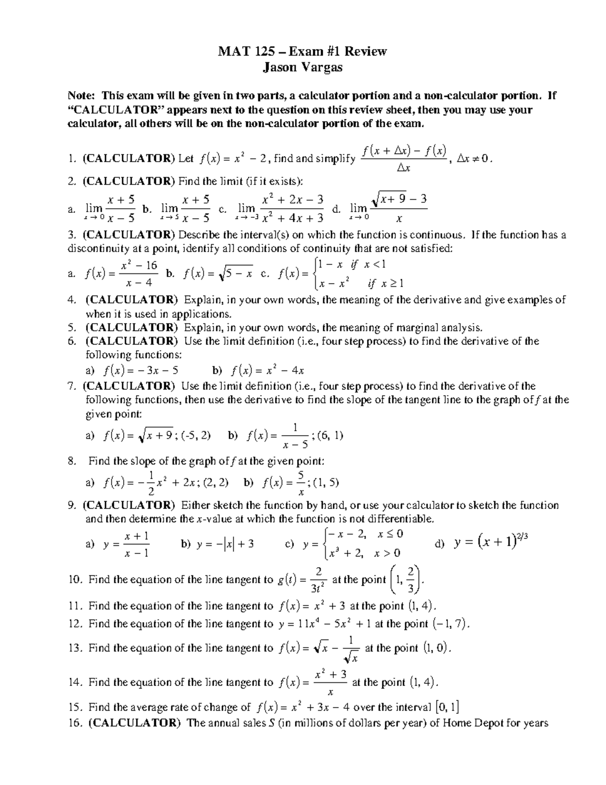 Exam 1 Review 2021 - MAT 125 – Exam #1 Review Jason Vargas Note: This ...