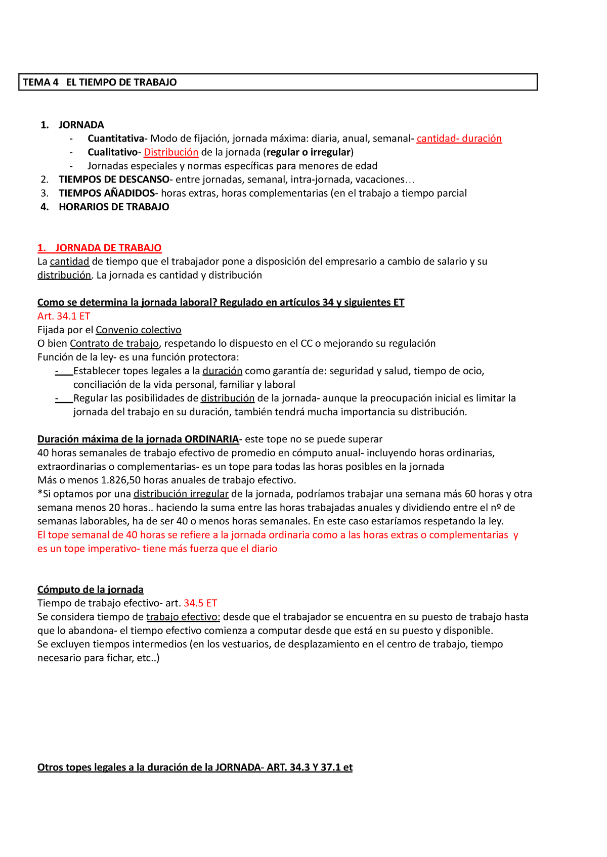 Tema 4 Derecho Trabajo Jornada Laboral - TEMA 4 EL TIEMPO DE TRABAJO 1 ...