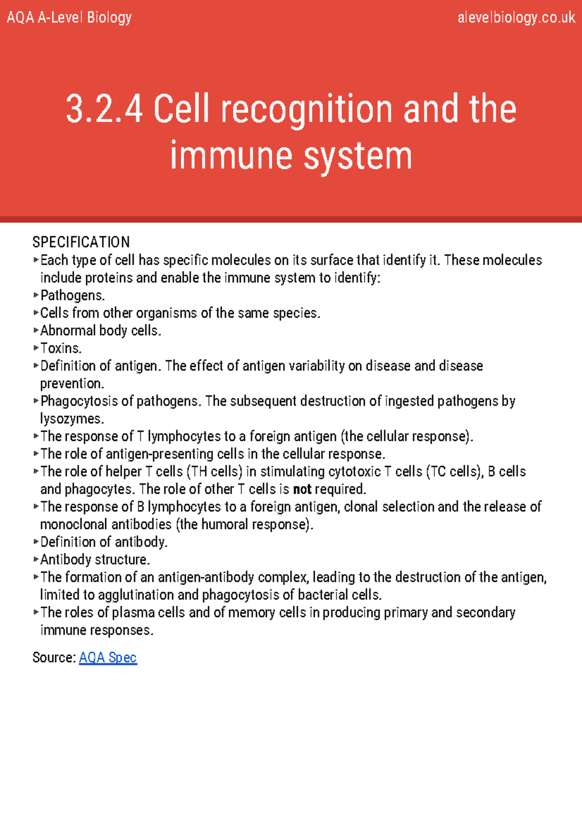 AQA AS Biology 3.2.4 - Cell recognition and the immune system - AQA A ...