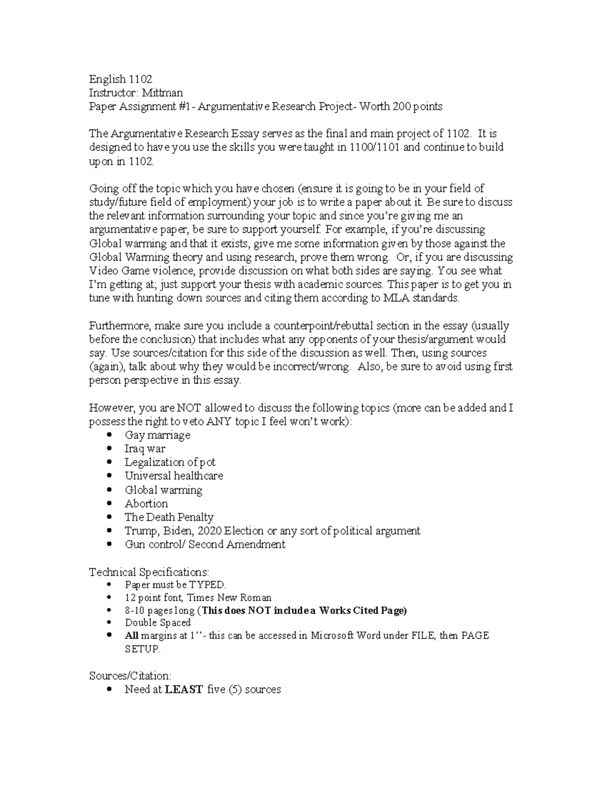 Essay #1 1102 - My assignment - English 1102 Instructor: Mittman Paper ...