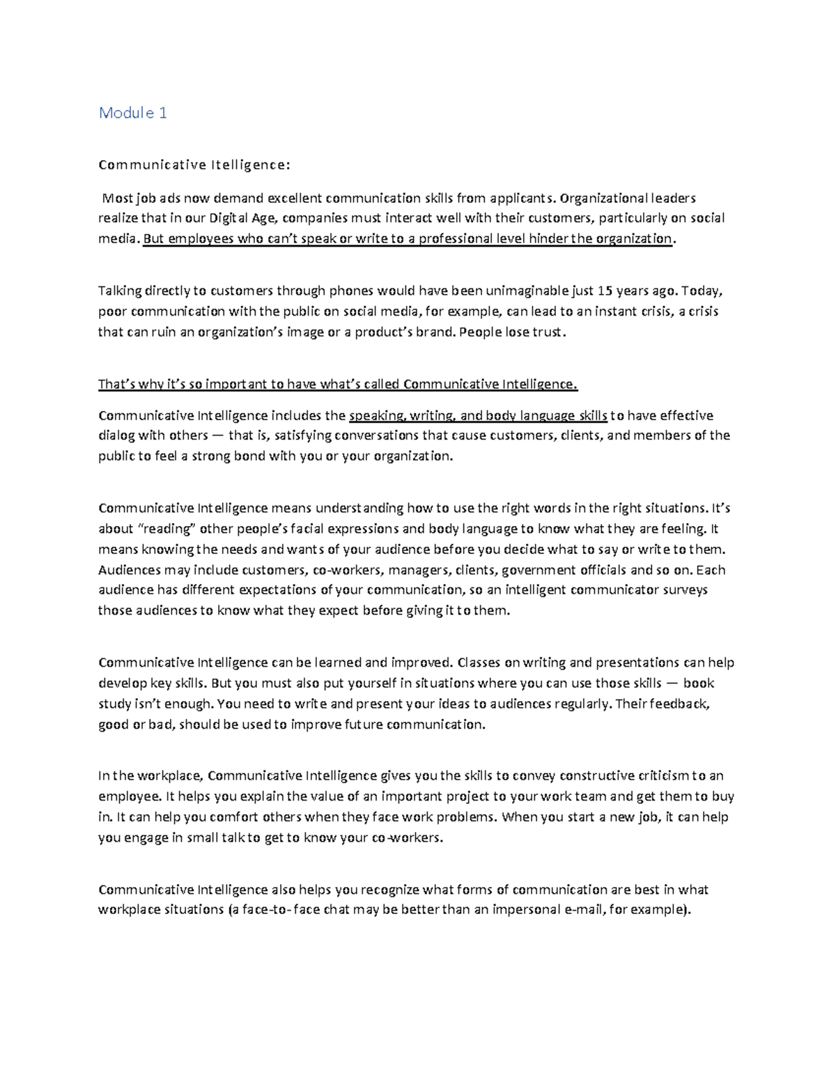 Pro comm notes - Module 1 Communicative Itelligence: Most job ads now ...