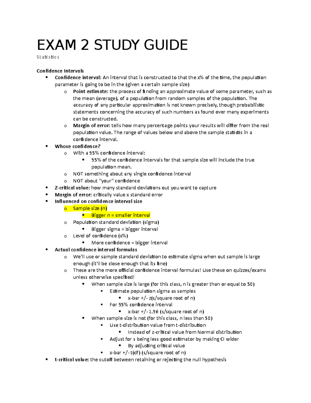 Statistics Exam 2 Study Guide - EXAM 2 STUDY GUIDE Statistics ...