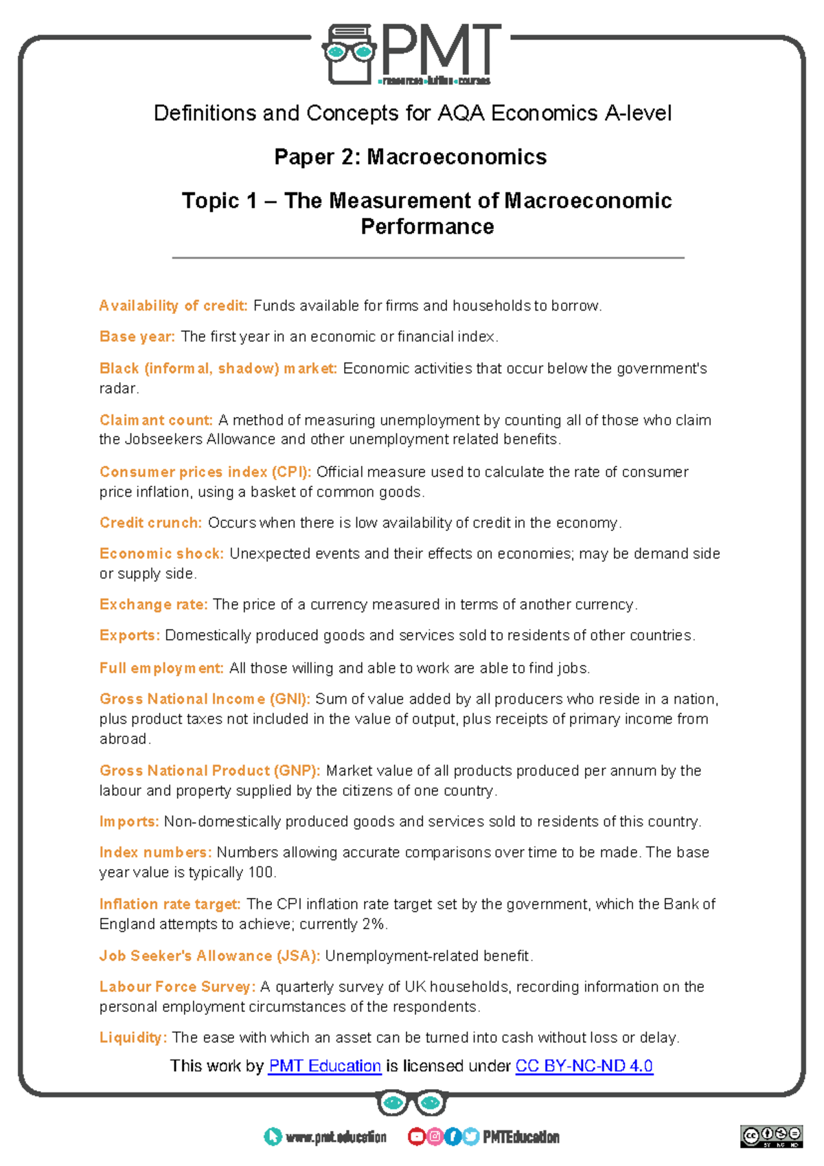 Definitions Topic 1 The measurement of macroconomic performance AQA ...