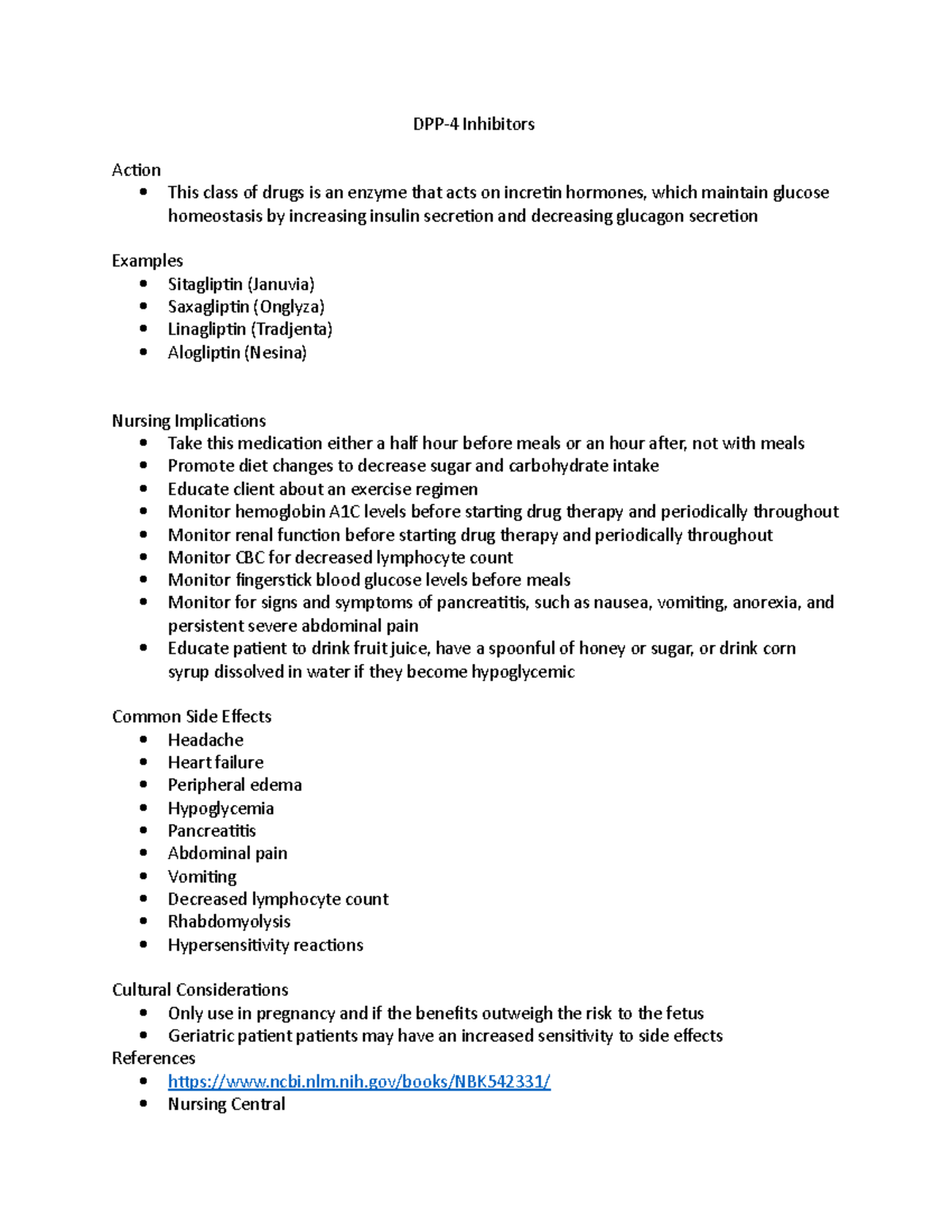 DPP-4 Inhibitors Handout - DPP-4 Inhibitors Action This class of drugs ...