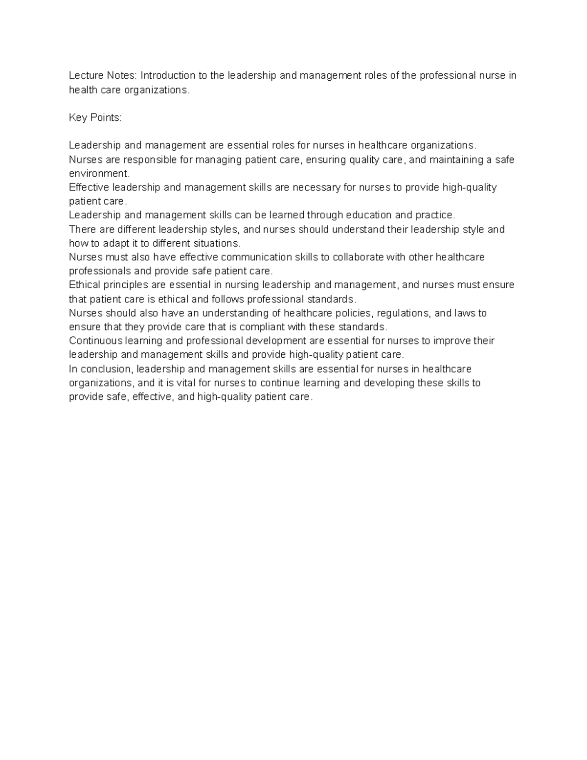 3 Lecture Notes Introduction to the leadership and management roles of ...