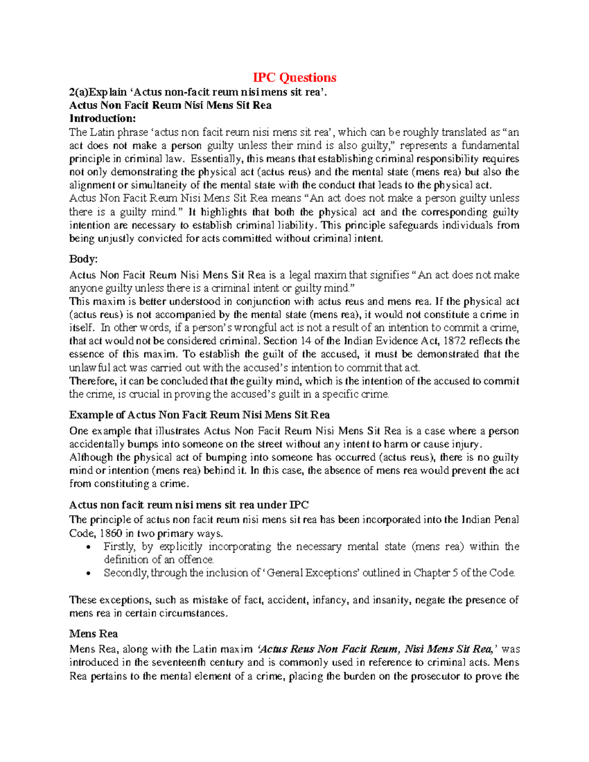 IPC Pending Answers LL.B SEM-IV - IPC Questions 2(a)Explain ‘Actus non ...
