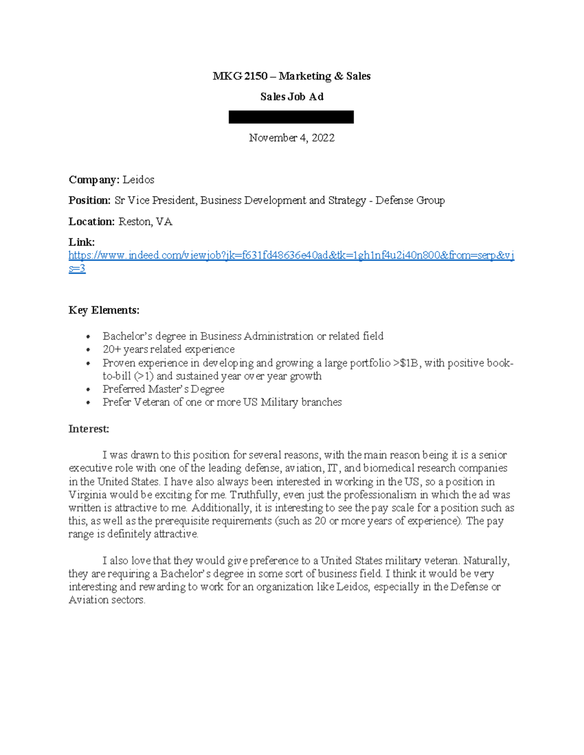 MKG 2150 Indeed Sales Job Ad 20221104 MKG 2150 Marketing