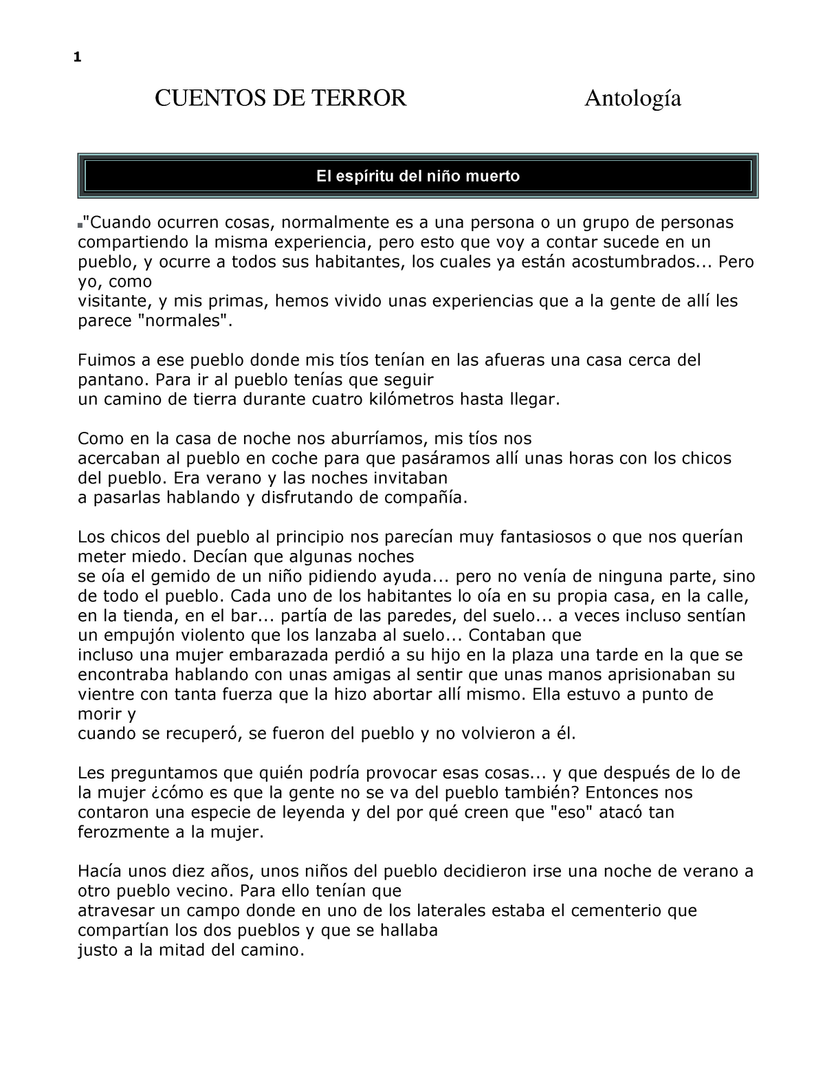 Cuentos de Terror - Lecture notes ee - CUENTOS DE TERROR Antología El  espíritu del niño muerto - Studocu