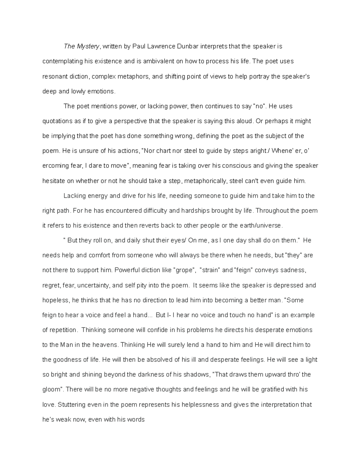 Poem Analysis Essay 3 Grade 85 The Mystery Written By Paul Lawrence Dunbar Interprets That Studocu