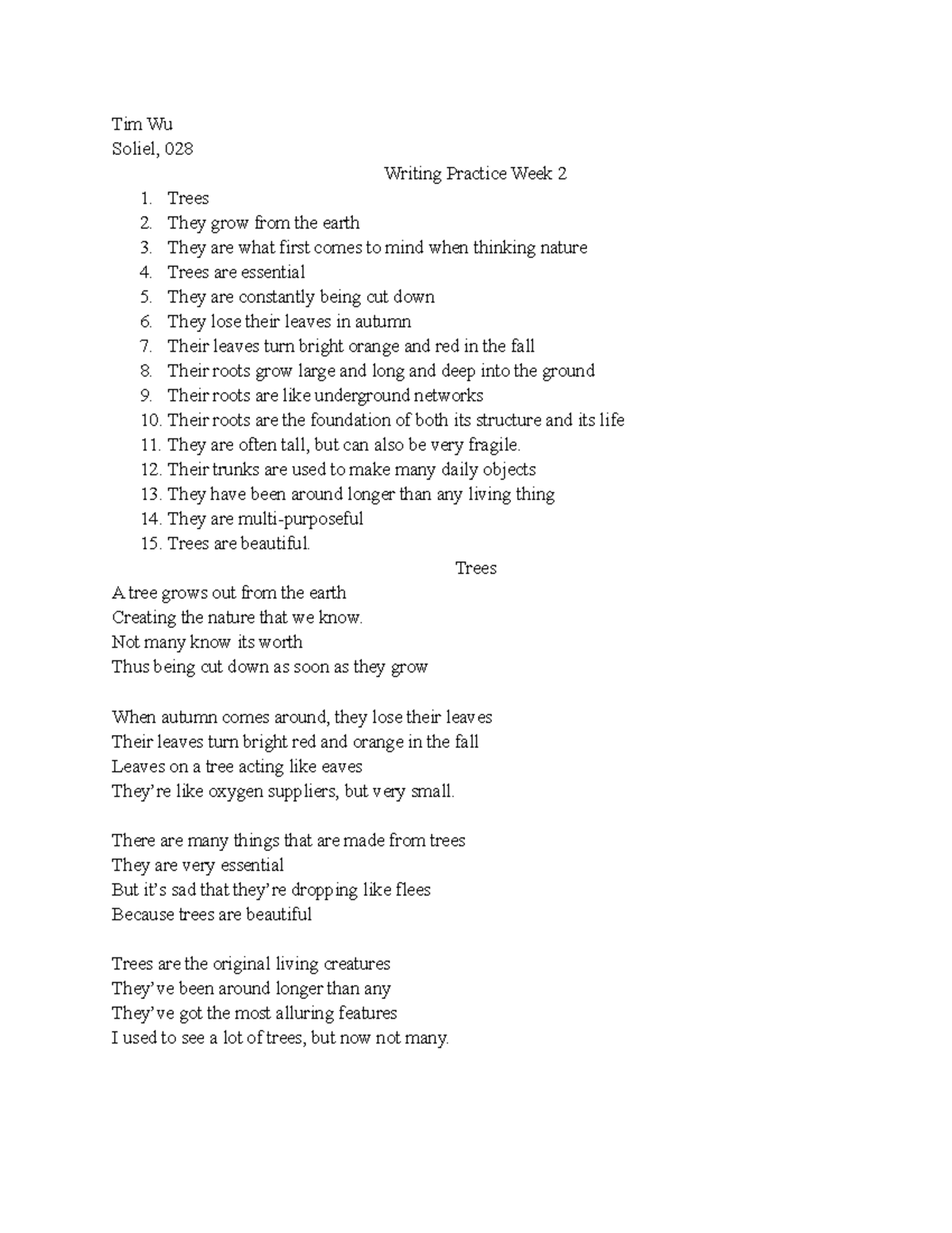 Writing practice 2 - Tim Wu Soliel, 028 Writing Practice Week 2 Trees ...
