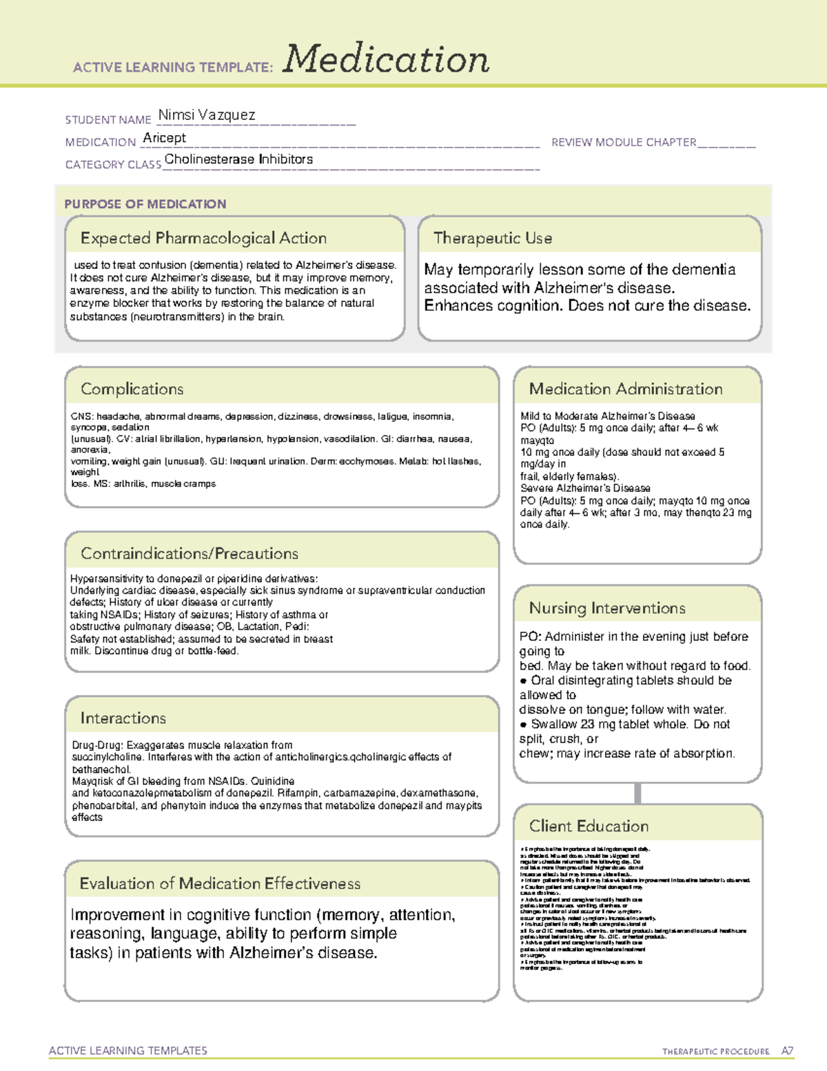 Aricept ( donepezil) - pharm - ACTIVE LEARNING TEMPLATES TherapeuTic ...