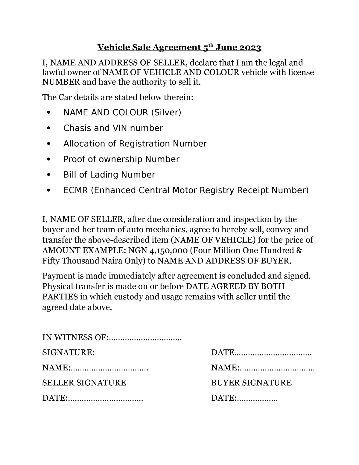 Blank Vehicle Agreement ONE Pager - Vehicle Sale Agreement 5th June ...